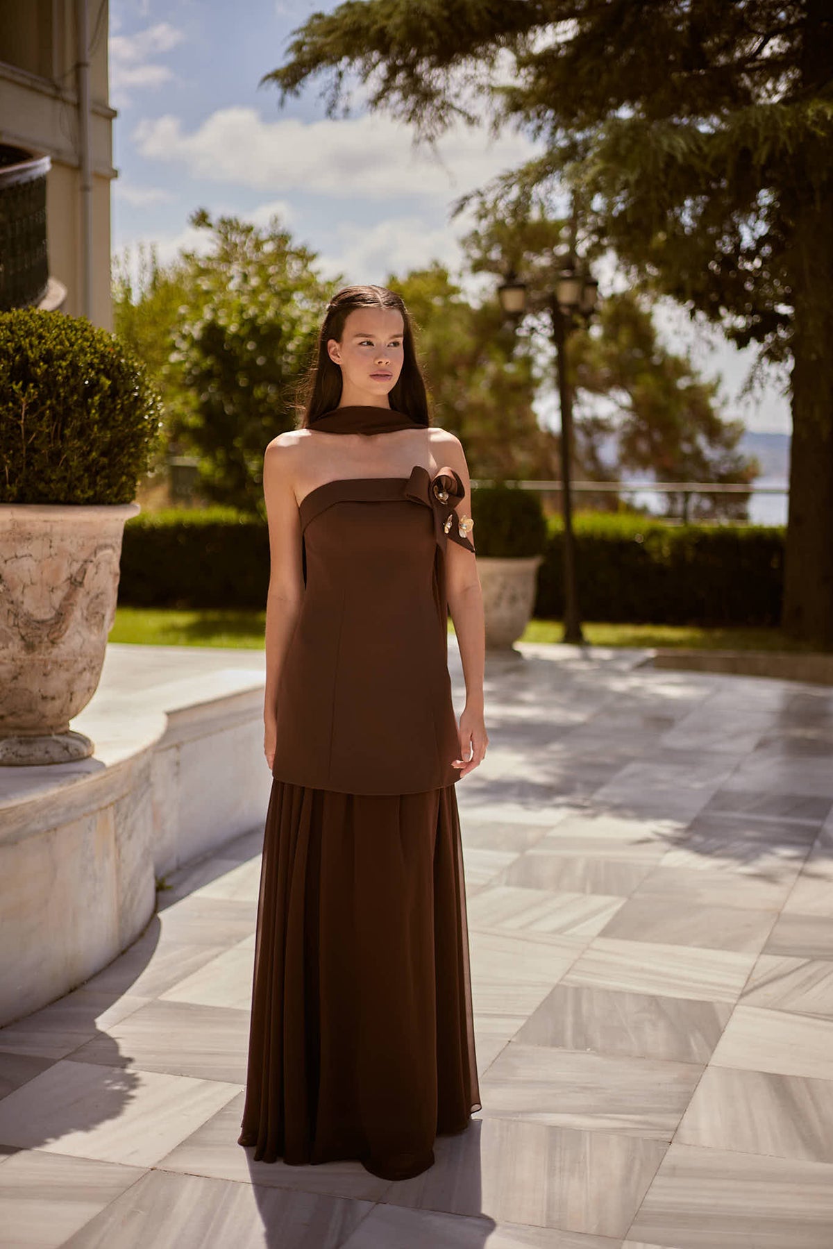 Oriana Chocolate Brown Floral Appliqué Couture Evening Set — three-quarter view highlighting the bodice details