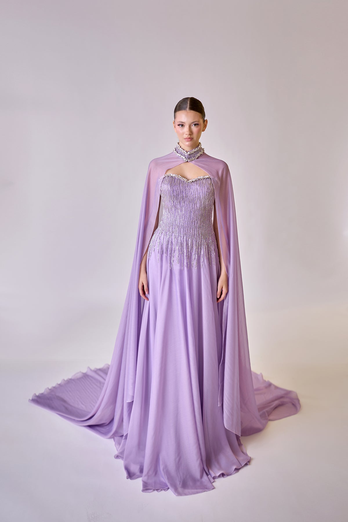 Lysandra Lavender Crystal Fringe Cape Couture Evening Gown — full-length front view of the couture silhouette