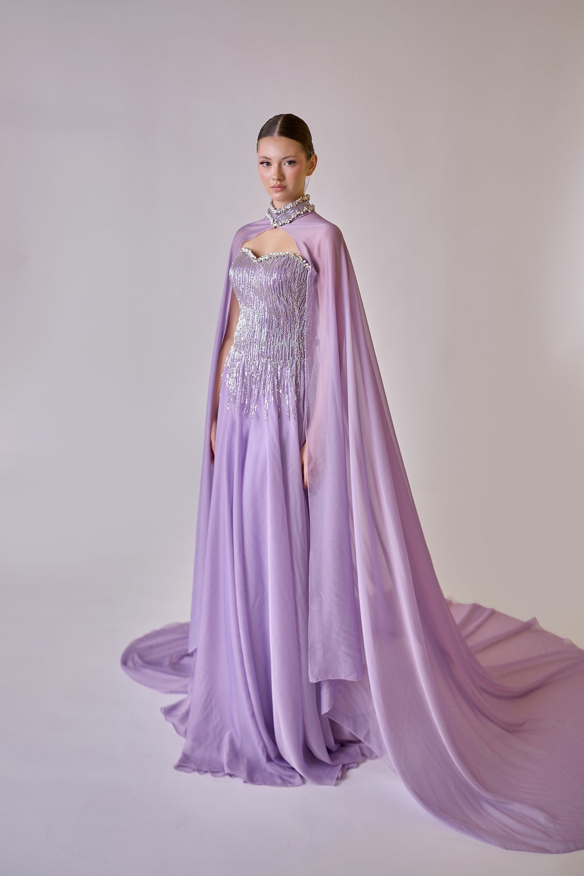 Lysandra Lavender Crystal Fringe Cape Couture Evening Gown — elegant back view showing the gown structure