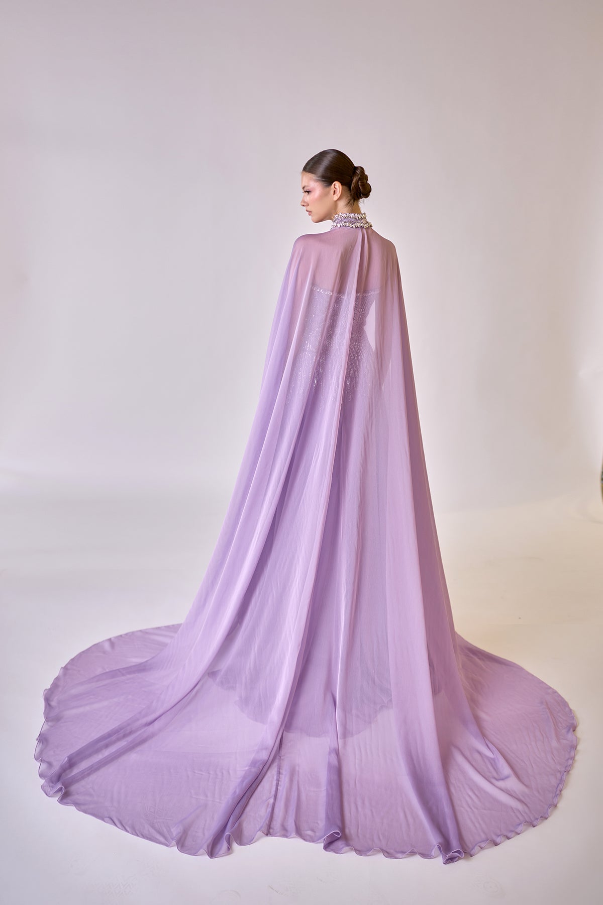 Lysandra Lavender Crystal Fringe Cape Couture Evening Gown — close-up of the neckline and embellishment