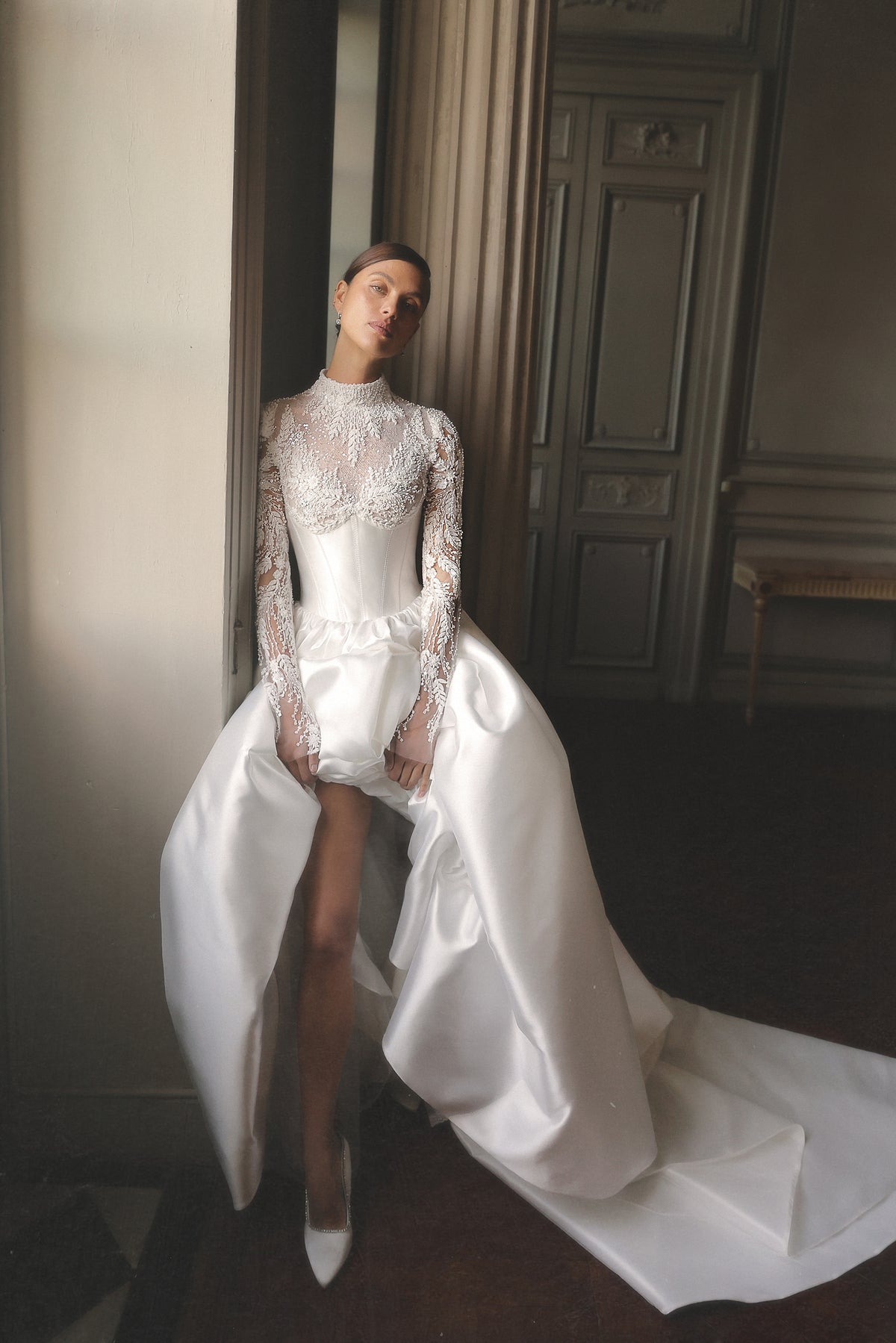 Prisma by Maison Harleen couture gown — three-quarter view highlighting the bodice details