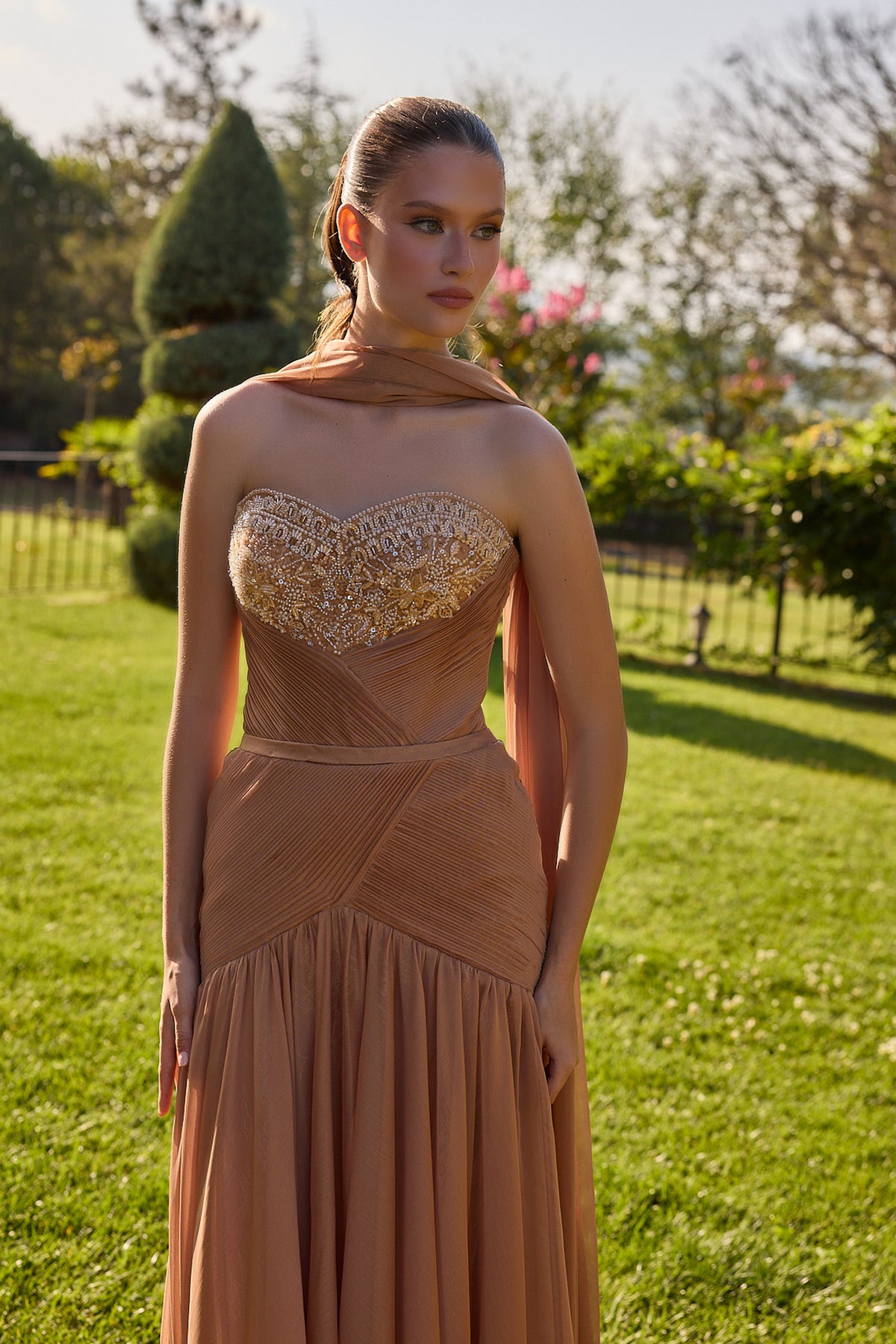 Ambrelise Caramel Embellished Draped Gown