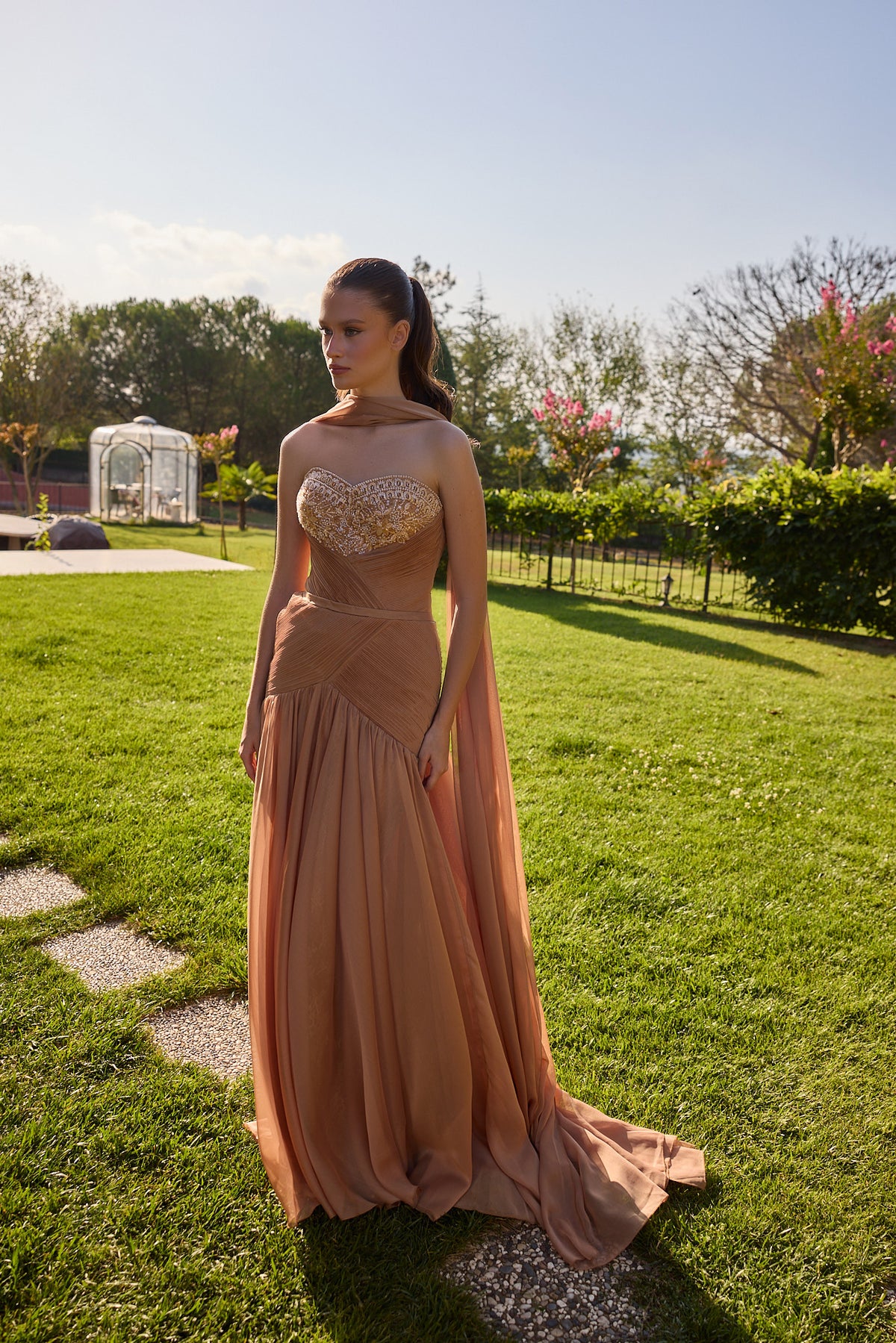 Ambrelise Caramel Embellished Draped Gown