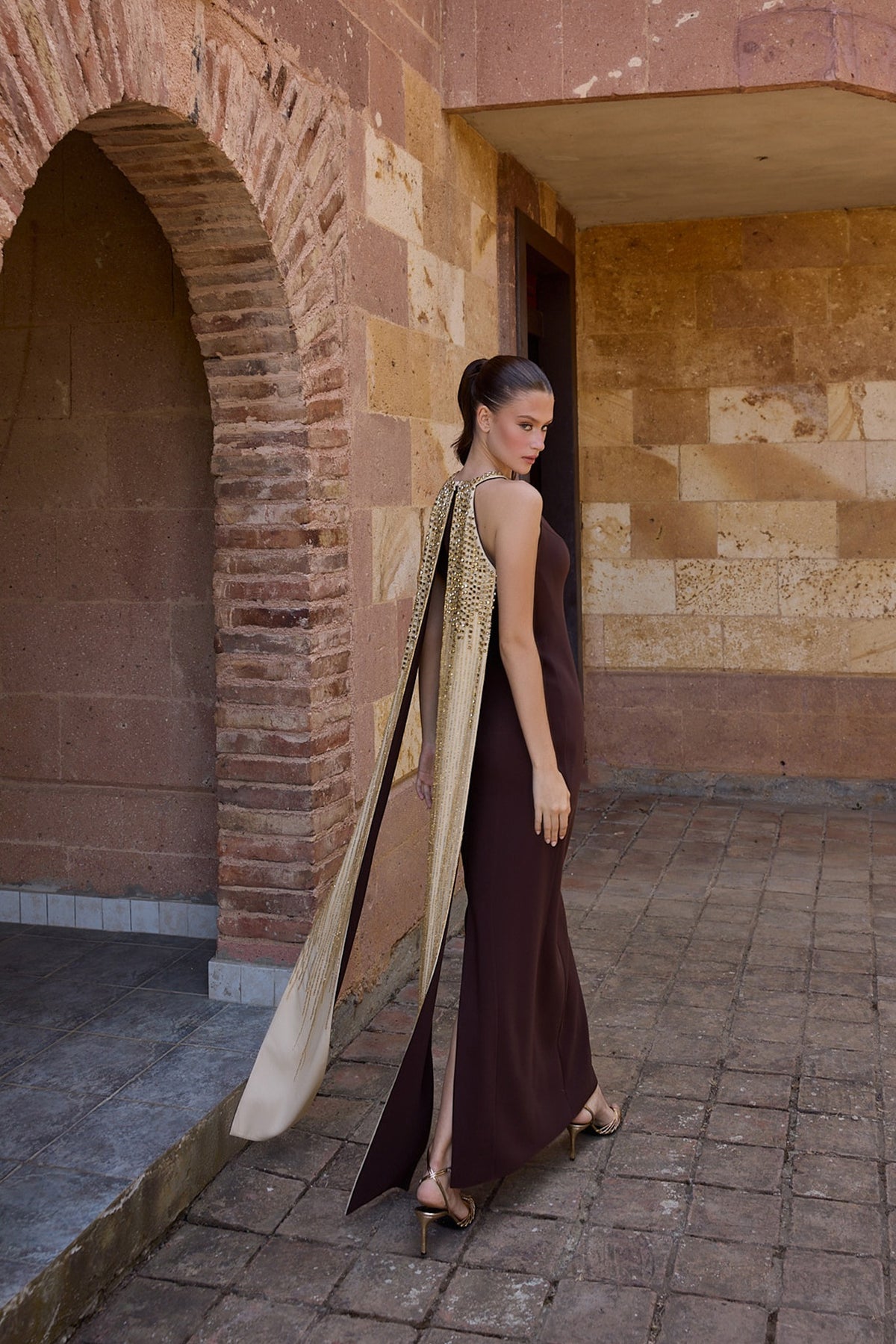 Ambrienne Chocolate Halter Fringe Cape Gown
