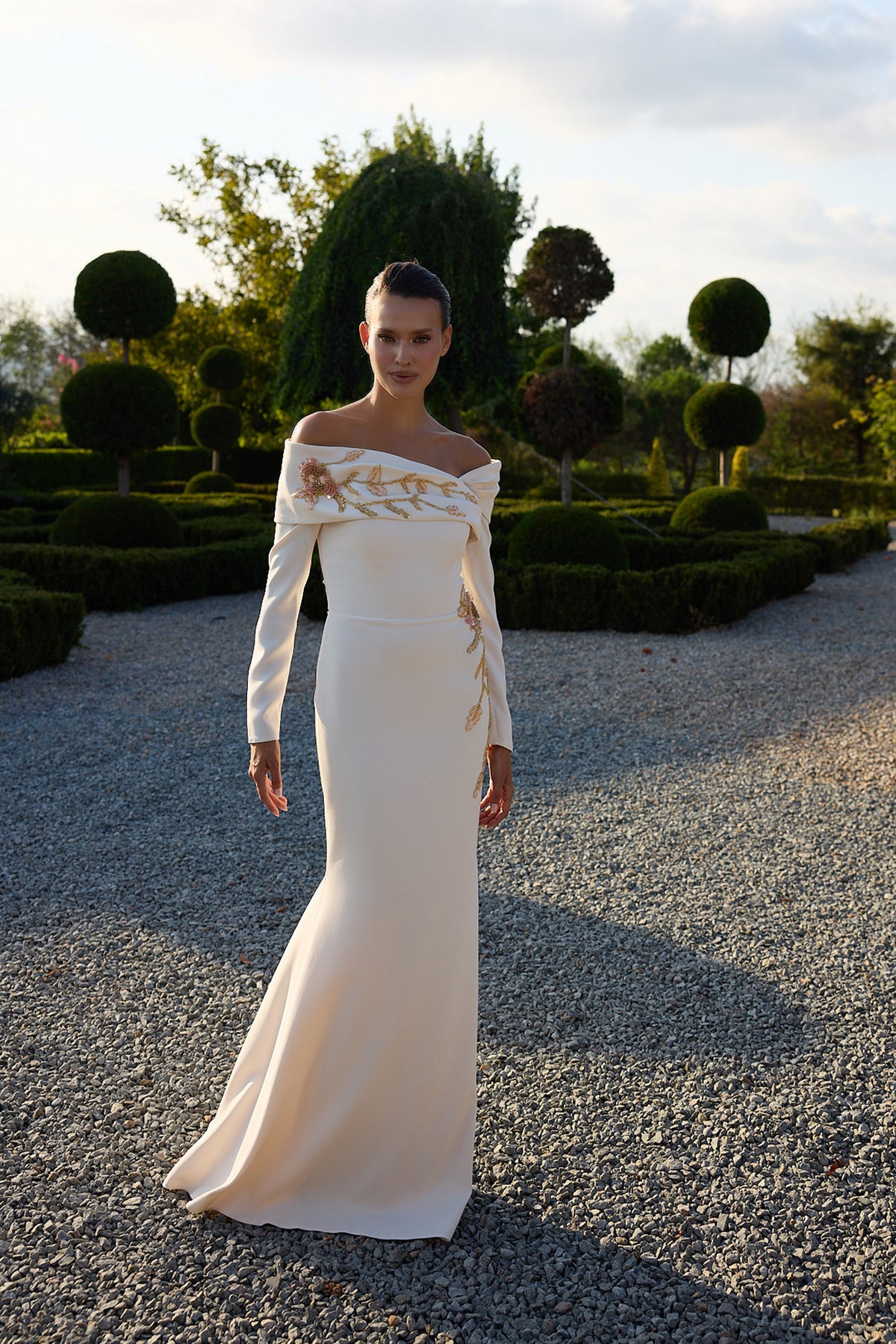 Aurevienne Ivory Gold Floral Long Sleeve Gown