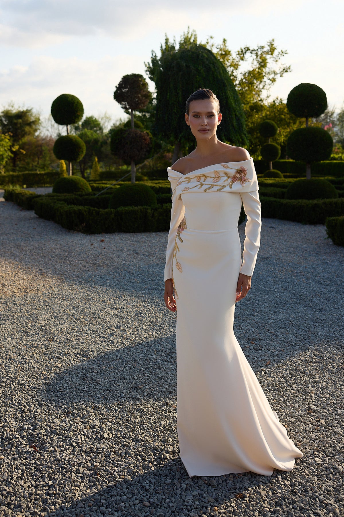 Aurevienne Ivory Gold Floral Long Sleeve Gown