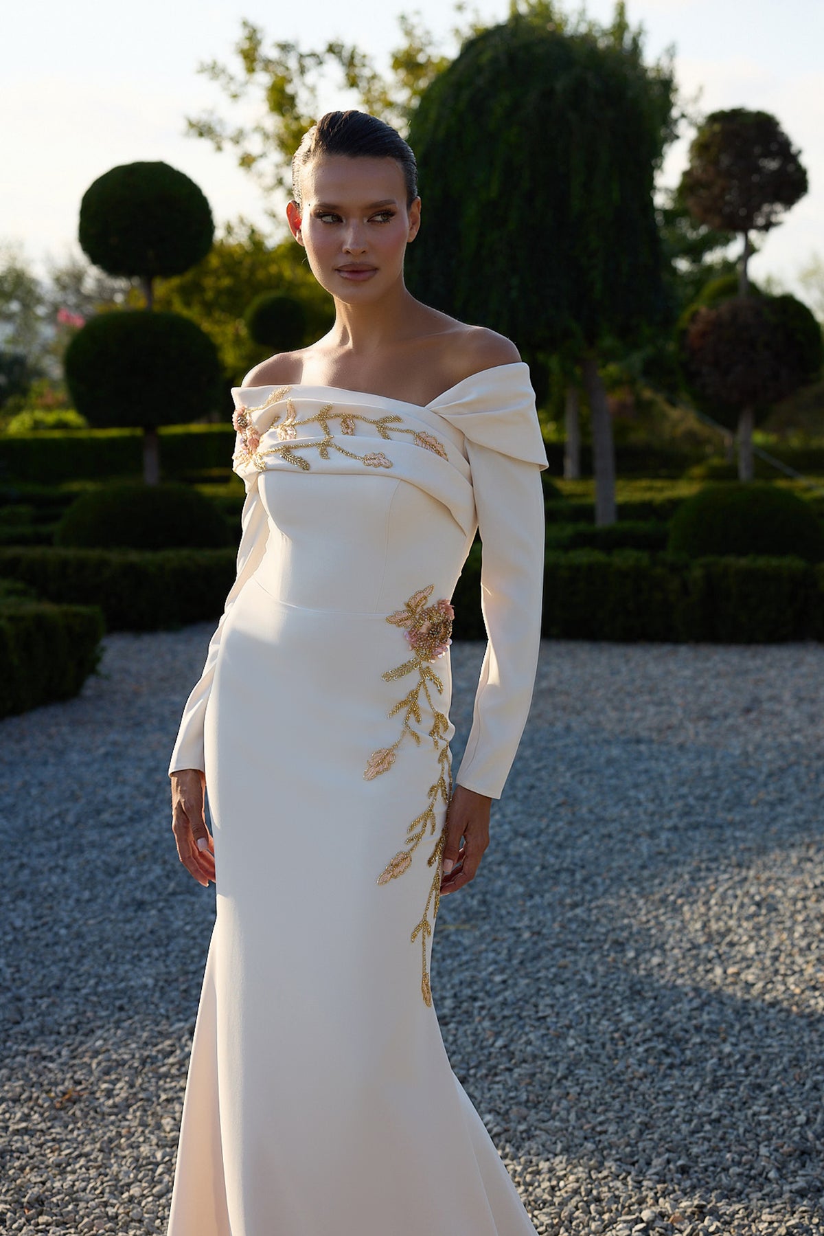 Aurevienne Ivory Gold Floral Long Sleeve Gown