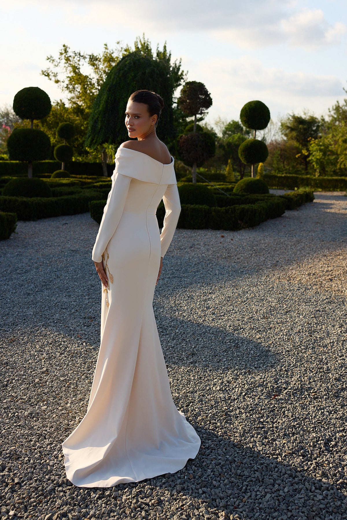 Aurevienne Ivory Gold Floral Long Sleeve Gown