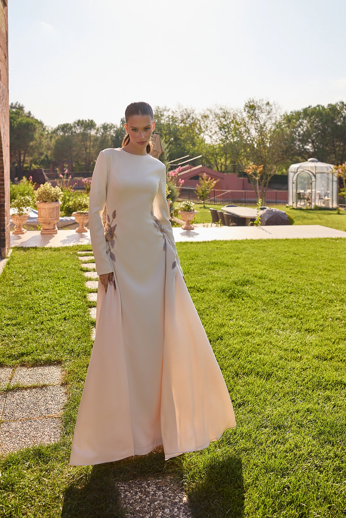 Avelisse Champagne Long Sleeve Floral Gown