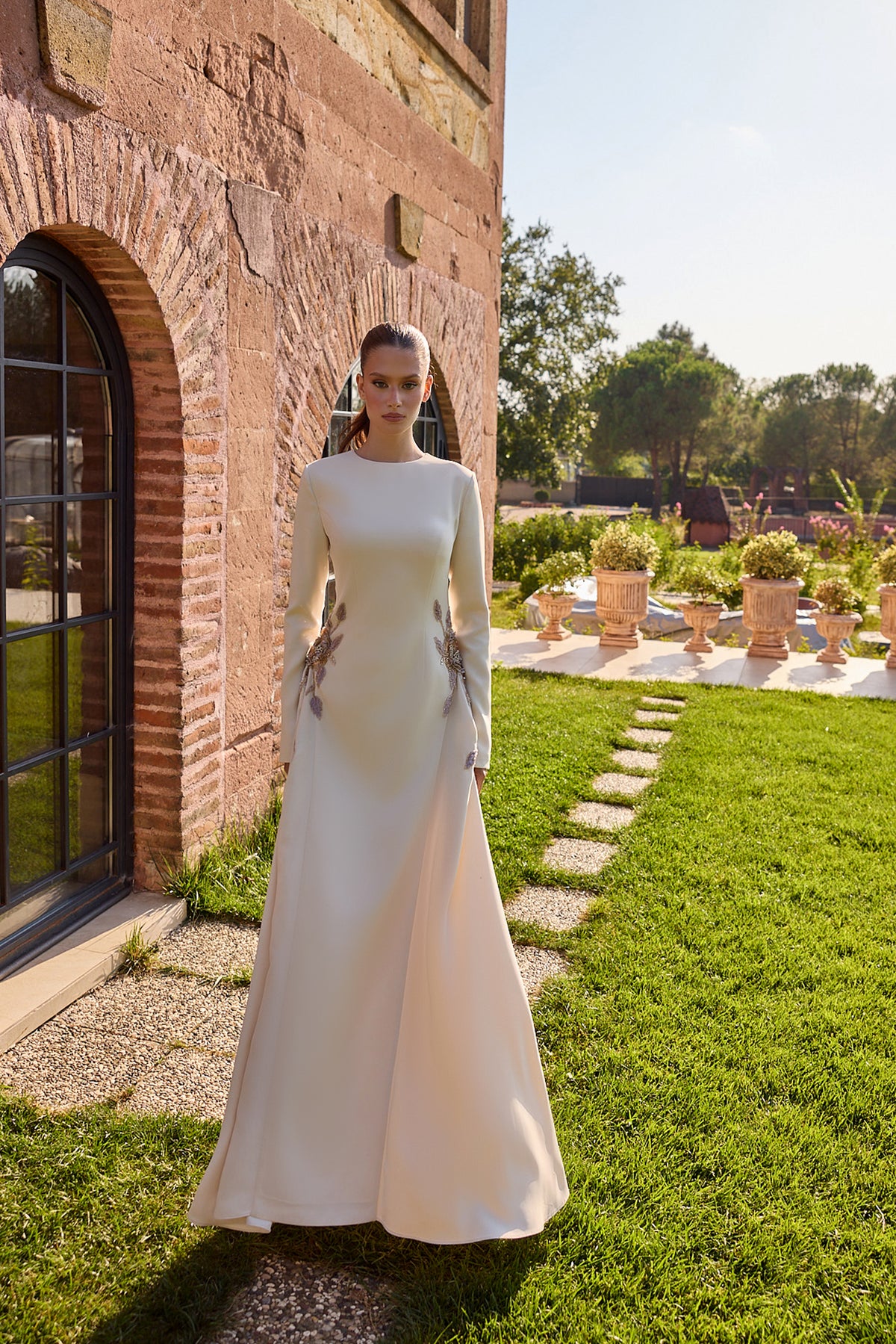 Avelisse Champagne Long Sleeve Floral Gown