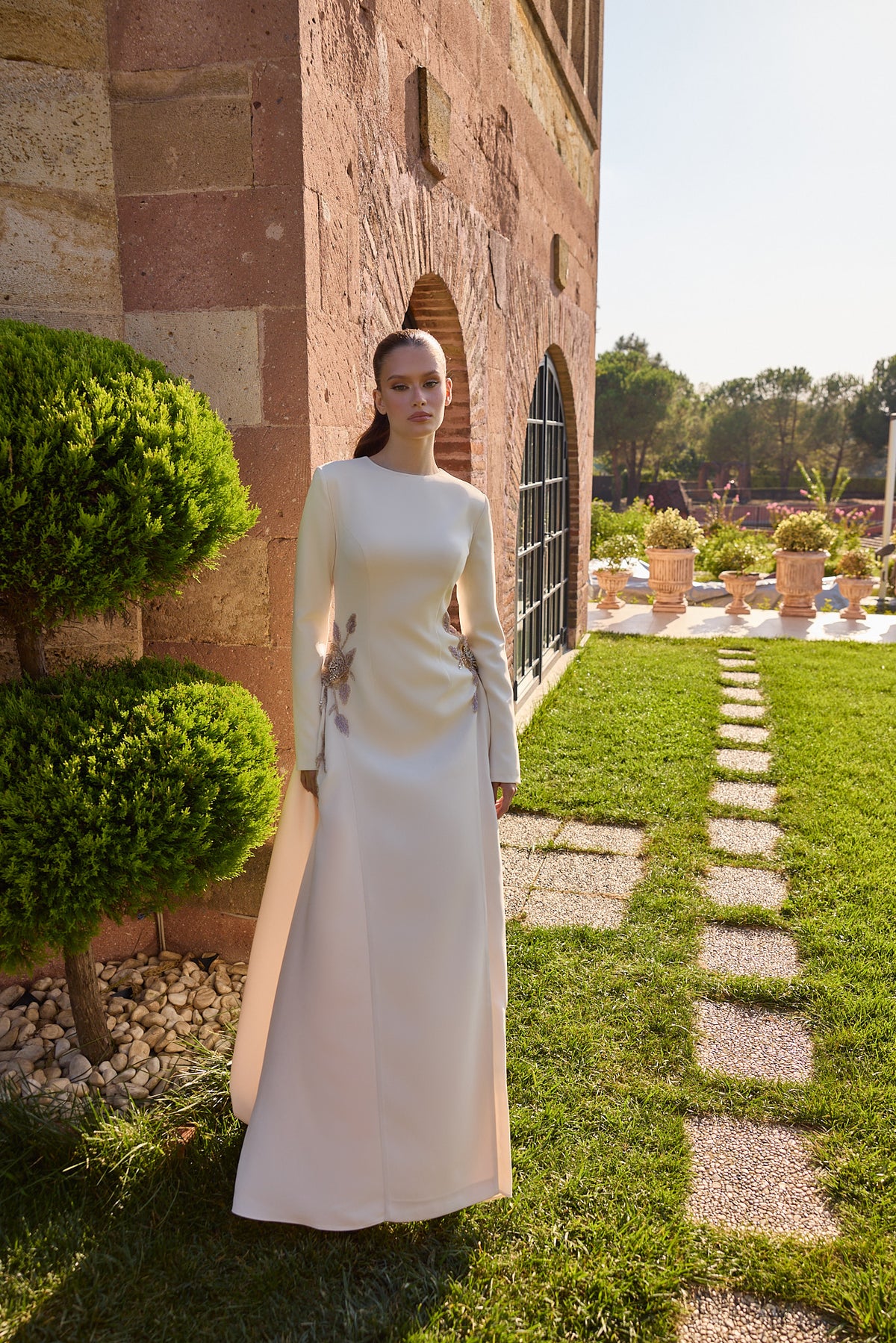 Avelisse Champagne Long Sleeve Floral Gown
