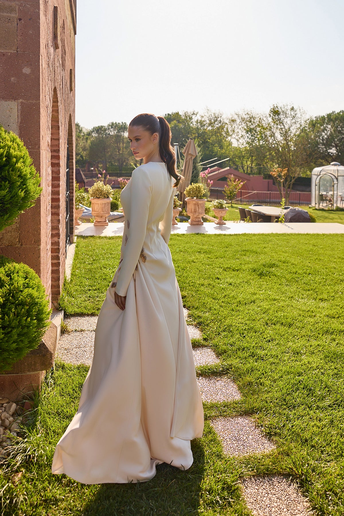 Avelisse Champagne Long Sleeve Floral Gown