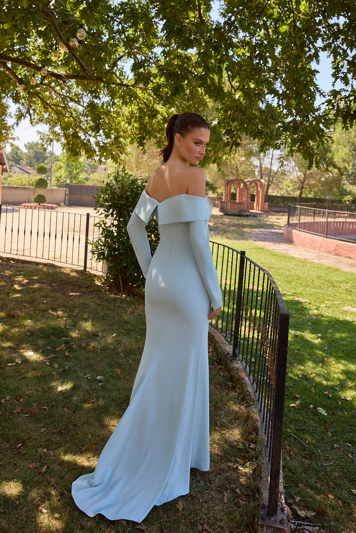 Azurielle Ice Blue Floral Draped Gown