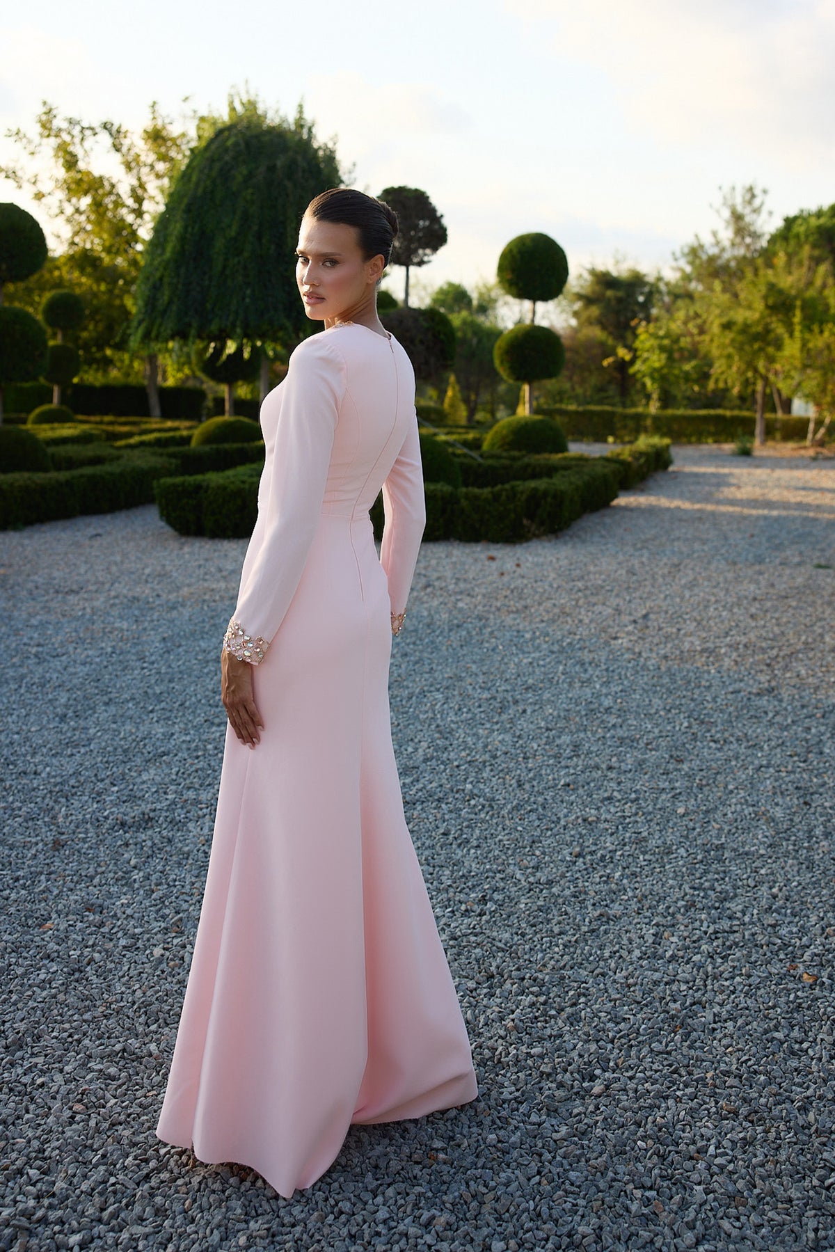 Elarisse Blush Embellished Long Sleeve Gown