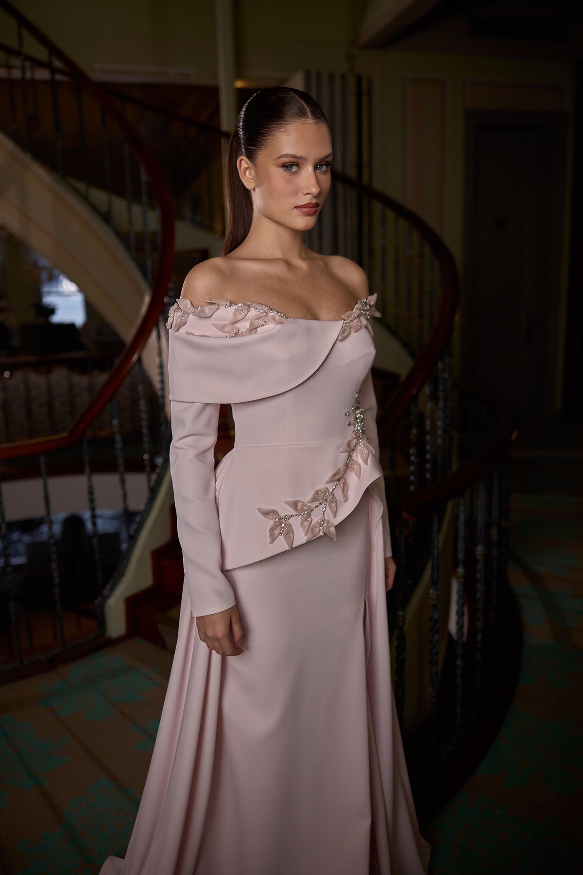 Luxury modest evening dress featuring off-shoulder neckline and floral details
