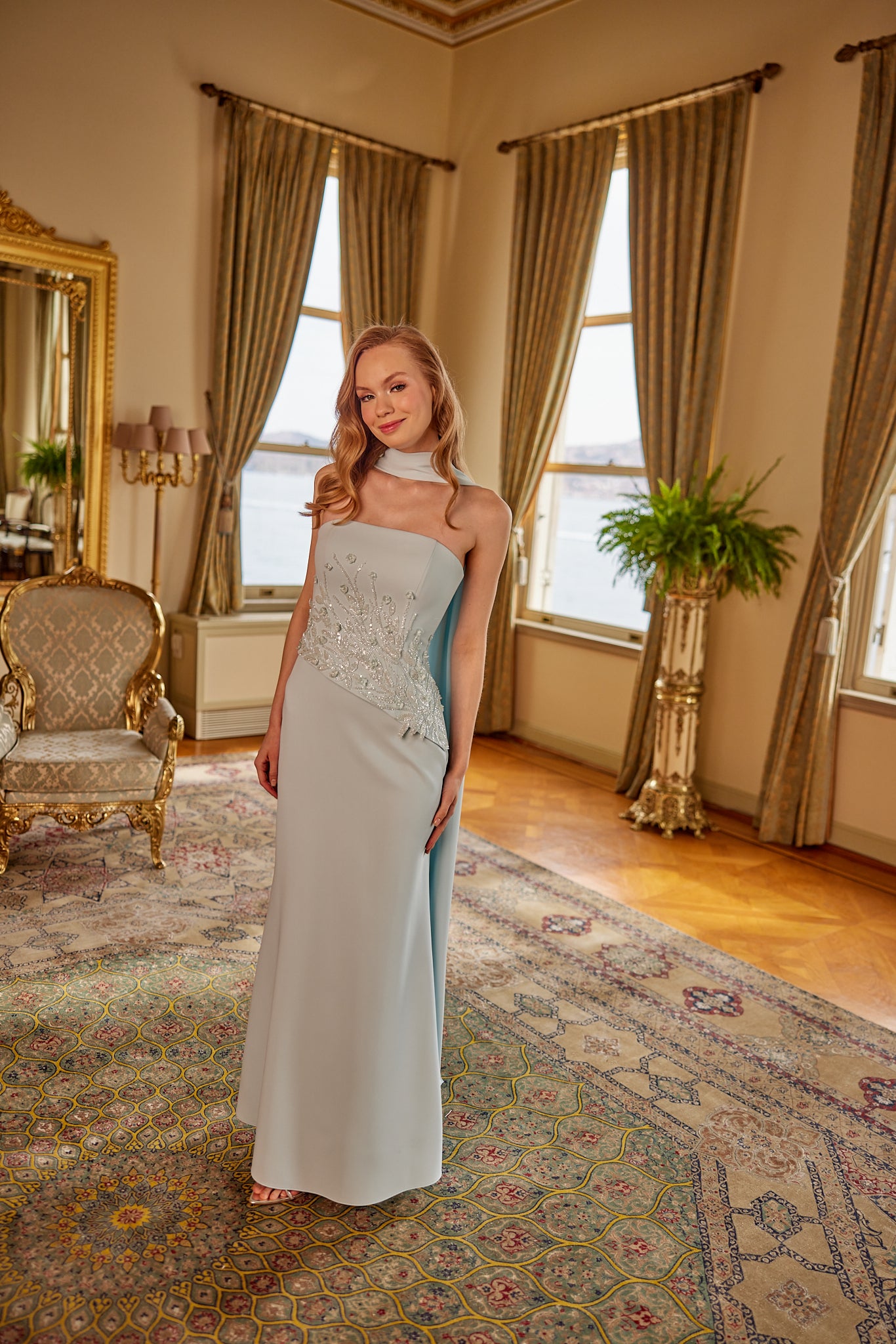 Luxury modest evening dress featuring one-shoulder neckline and refined sage grey tone