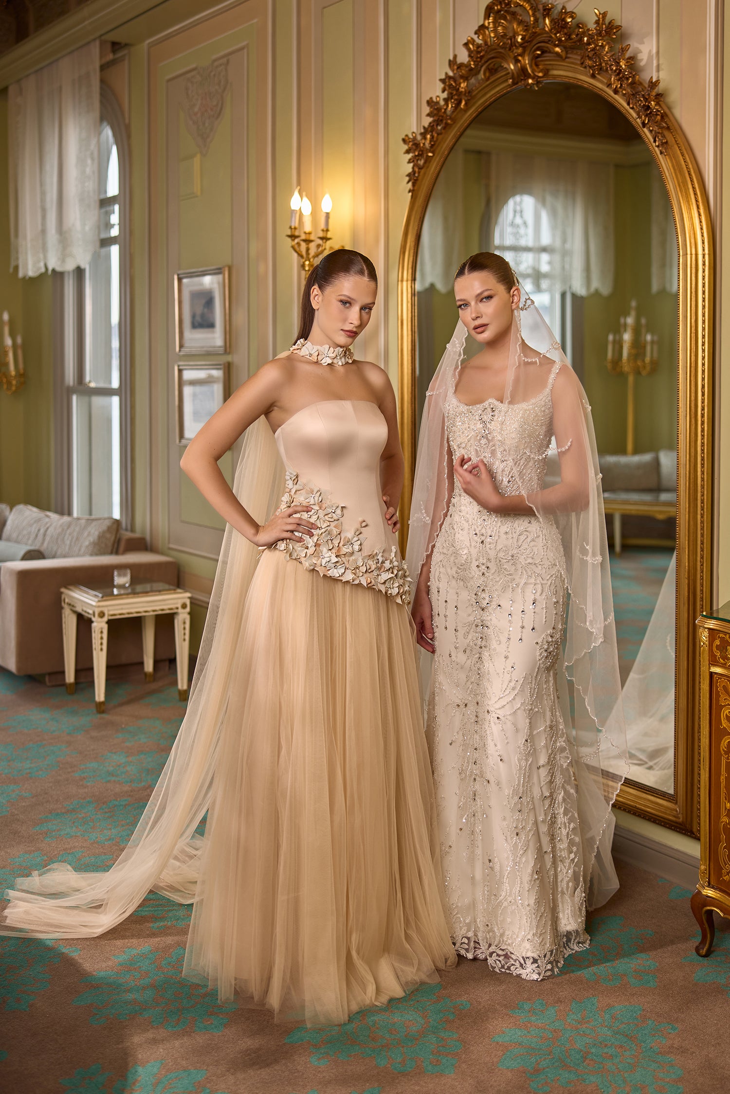 Elegant strapless formal dress featuring delicate floral appliqués on soft tulle fabric