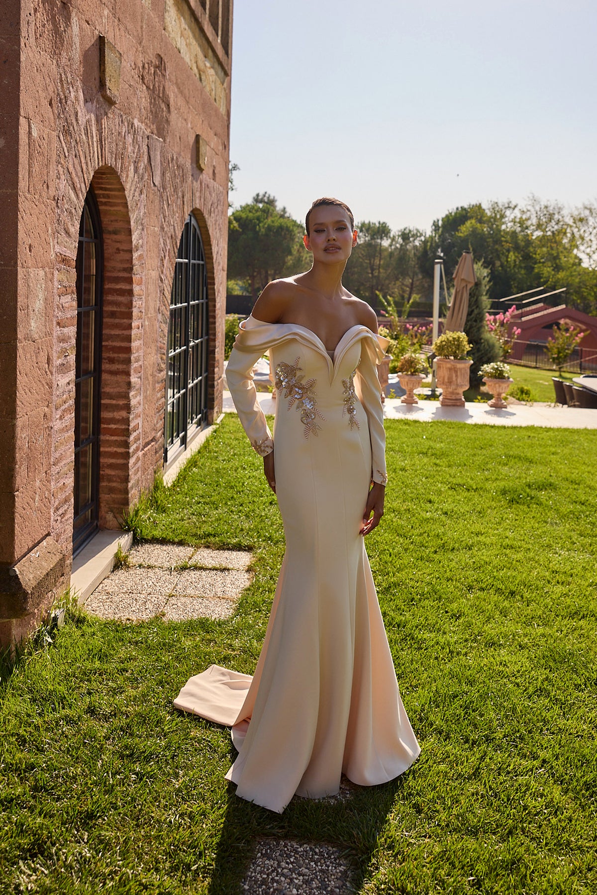 Fleurevia Ivory Sculpted Off-Shoulder Gown