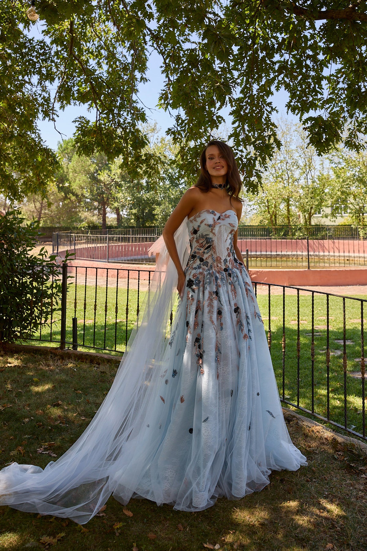 Florivane Ice Blue Floral Tulle Ball Gown