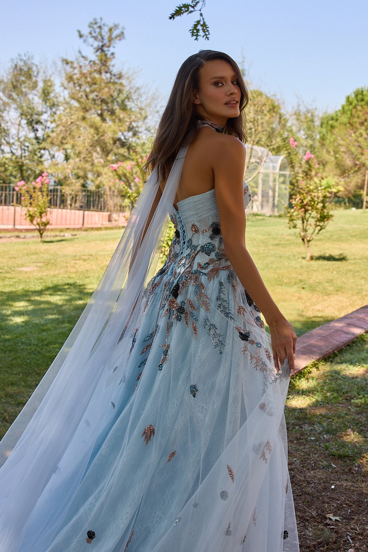 Florivane Ice Blue Floral Tulle Ball Gown