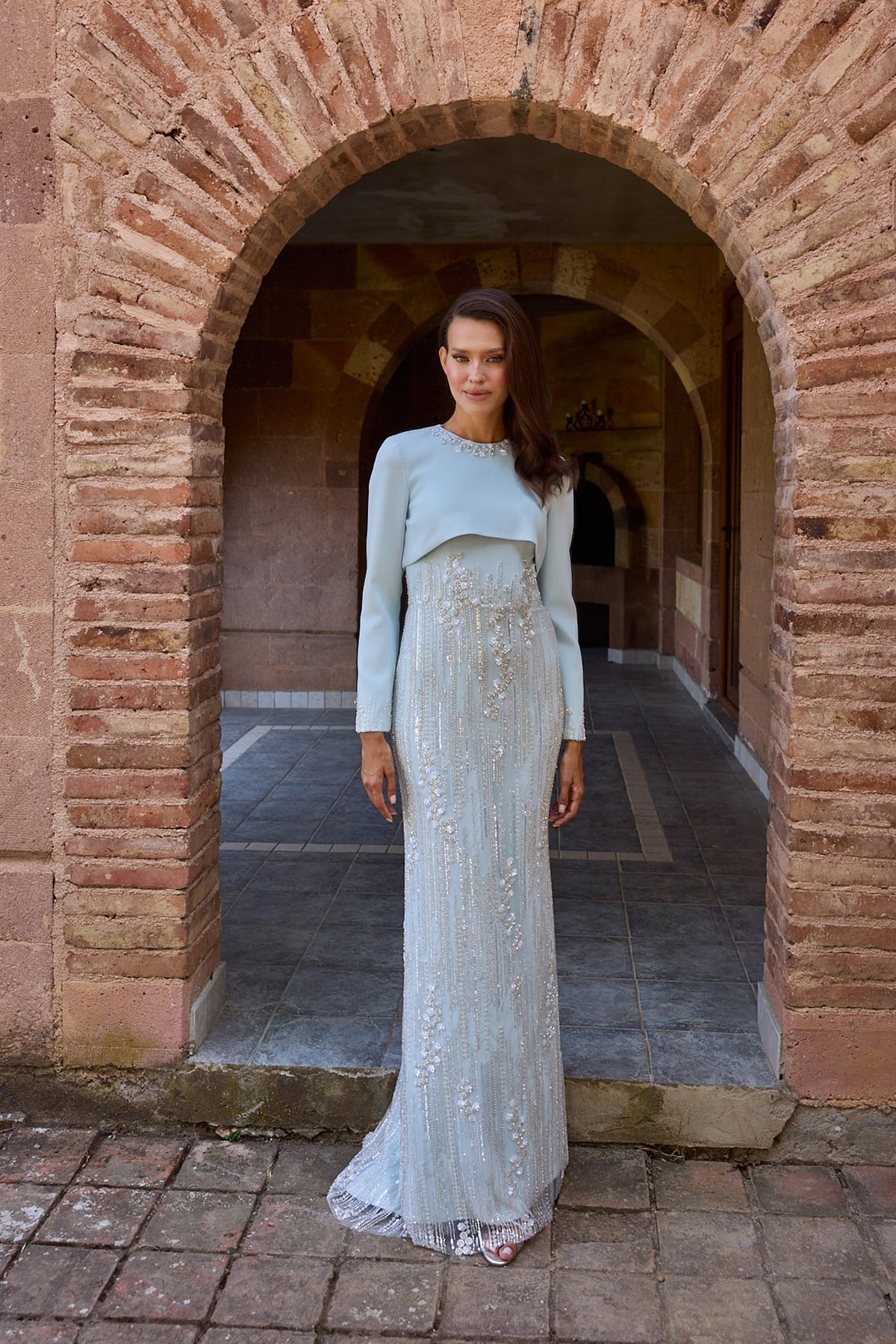 Iceline Ice Blue Long Sleeve Fringe Gown
