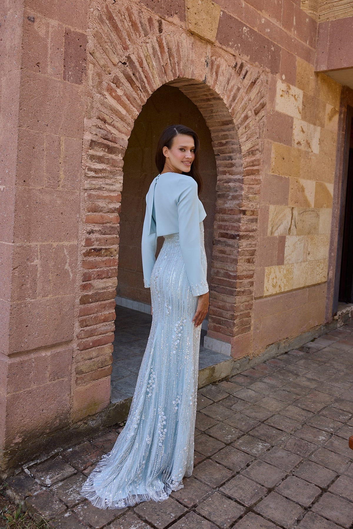 Iceline Ice Blue Long Sleeve Fringe Gown