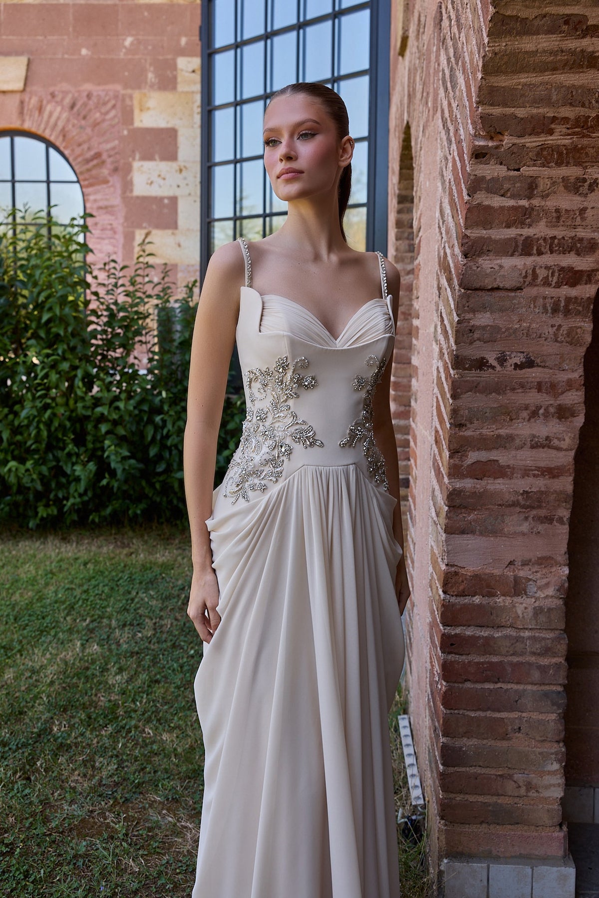 Ismeria Champagne Floral Embellished Draped Gown