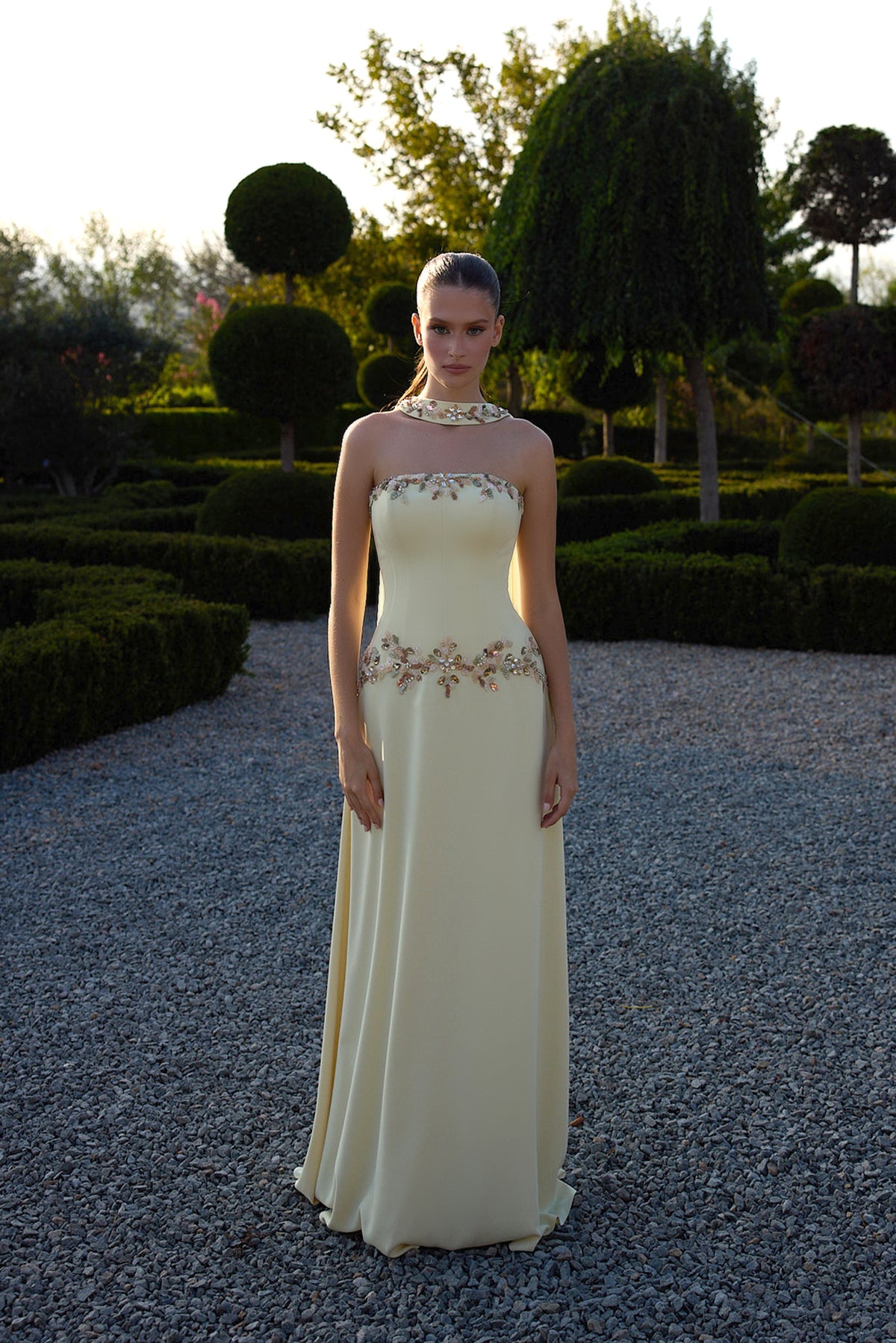 Limonelle Pale Yellow Floral Cape Gown