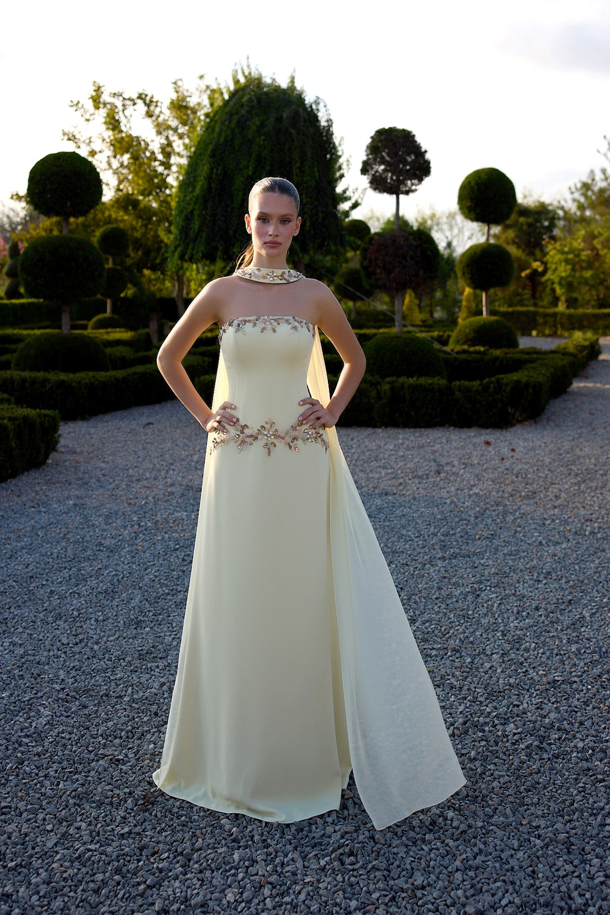 Limonelle Pale Yellow Floral Cape Gown