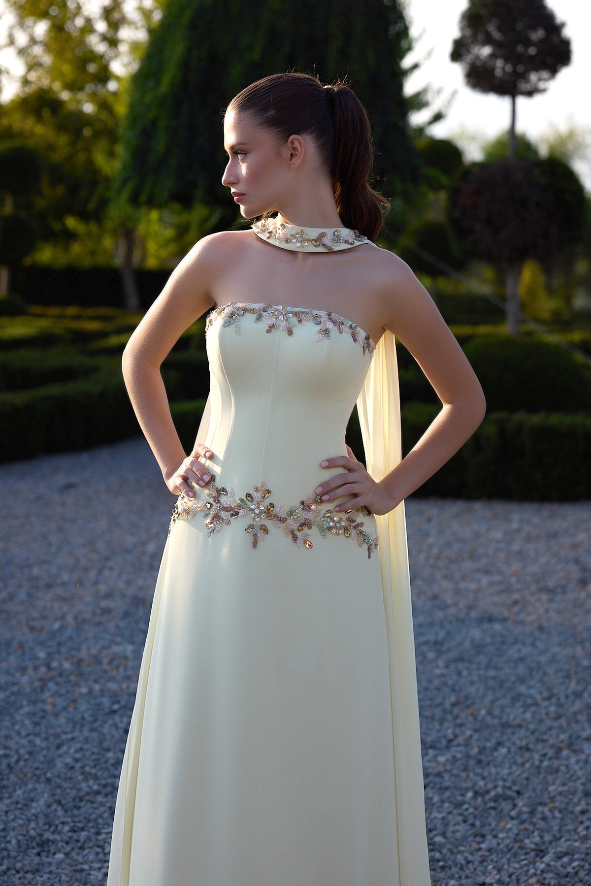 Limonelle Pale Yellow Floral Cape Gown