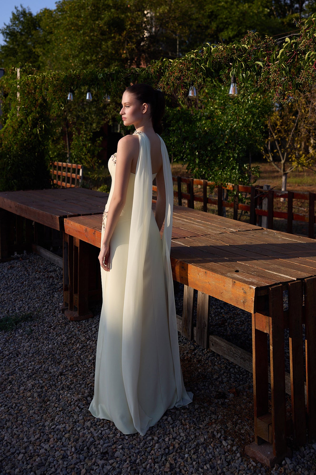 Limonelle Pale Yellow Floral Cape Gown