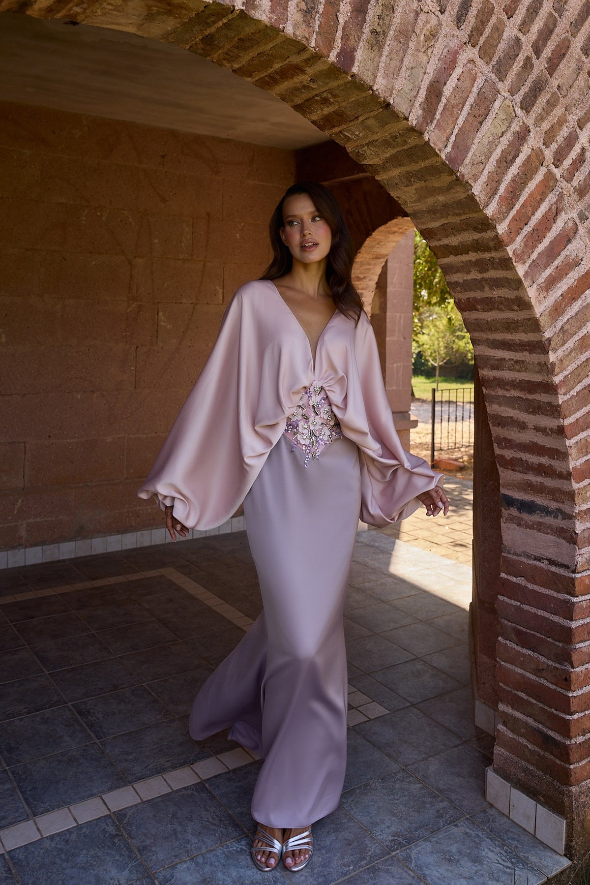 Maelisse Blush Draped Cape Sleeve Evening Gown