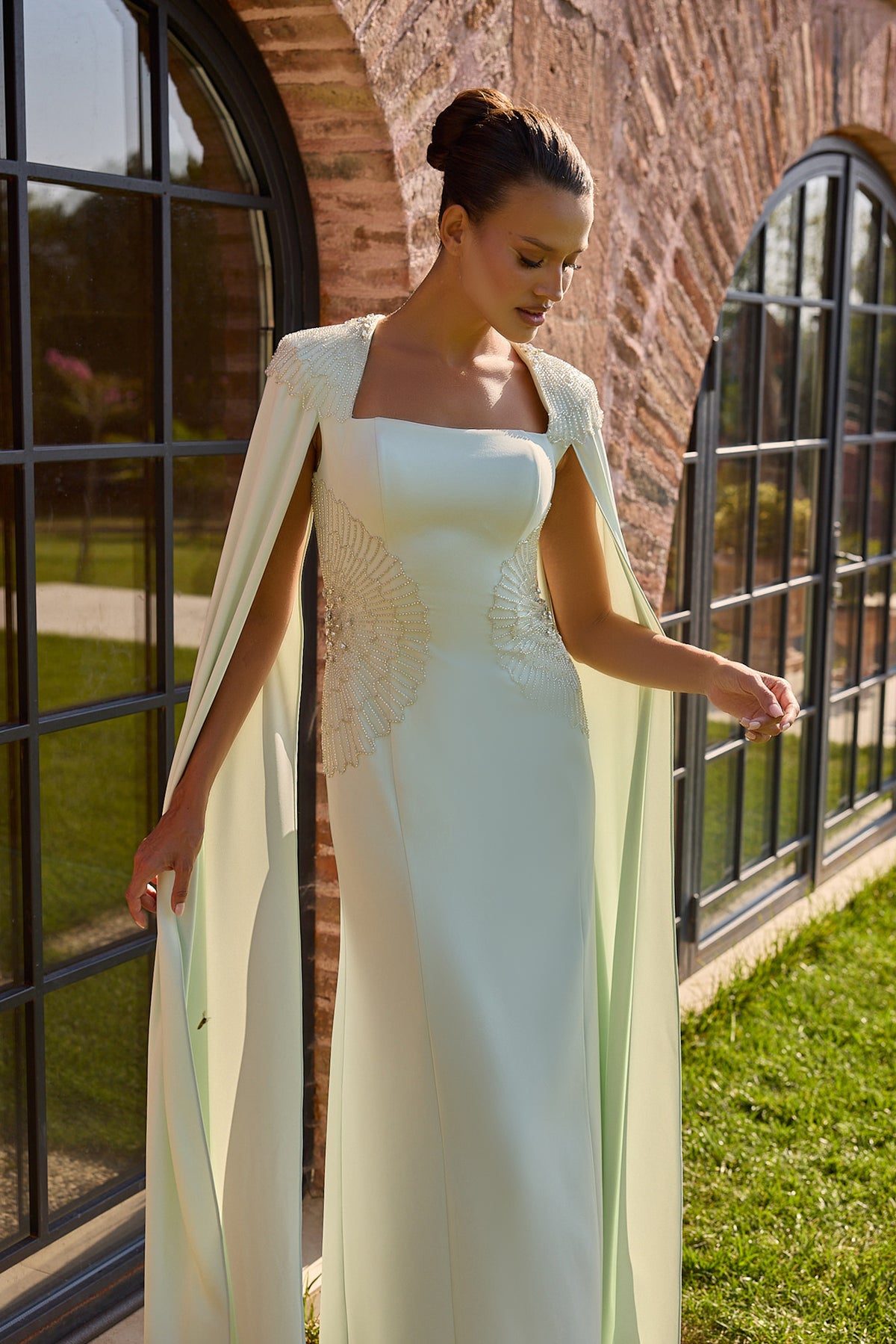 Menthelia Pale Mint Long Cape Evening Gown