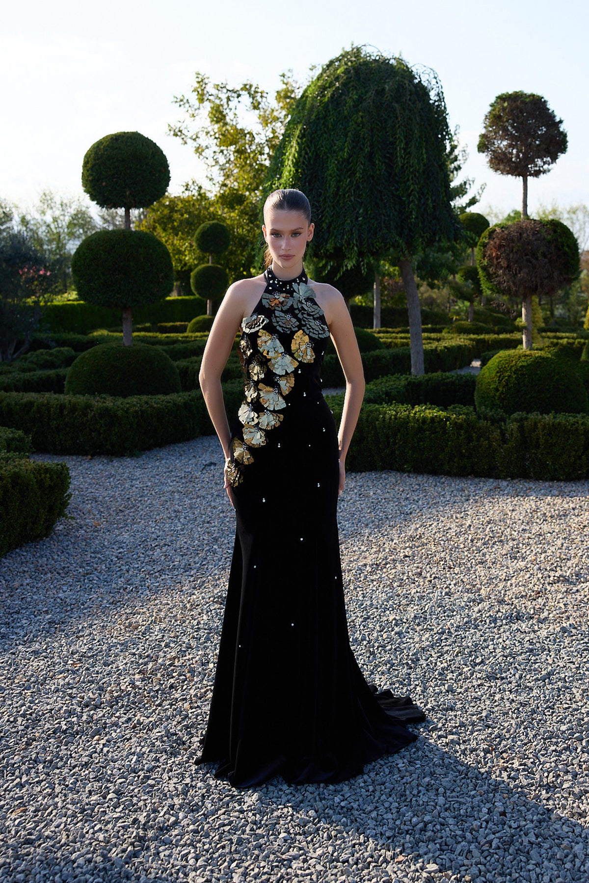 Noctavelle Black Gold Floral Halter Gown