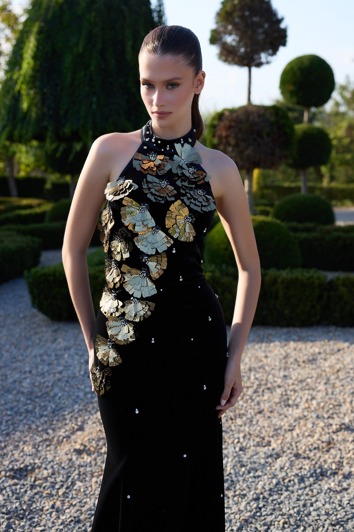 Noctavelle Black Gold Floral Halter Gown