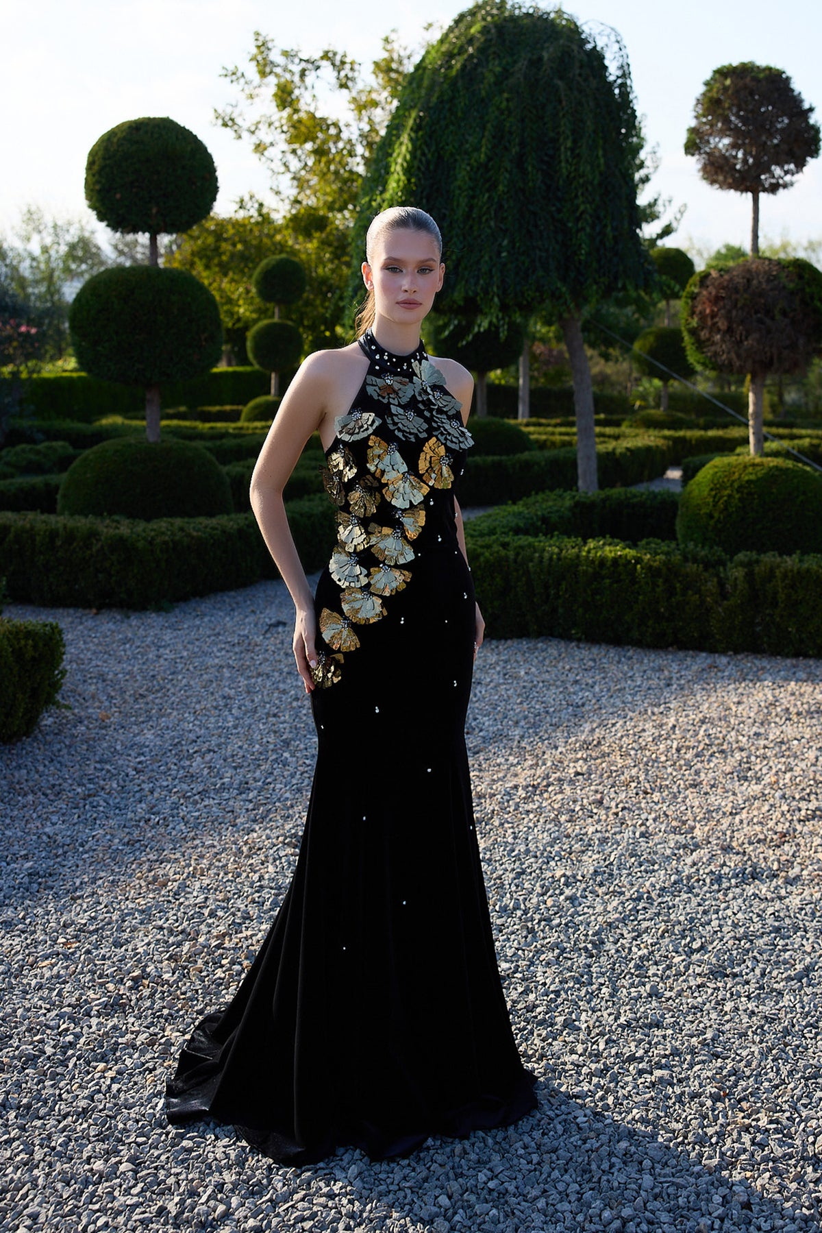 Noctavelle Black Gold Floral Halter Gown