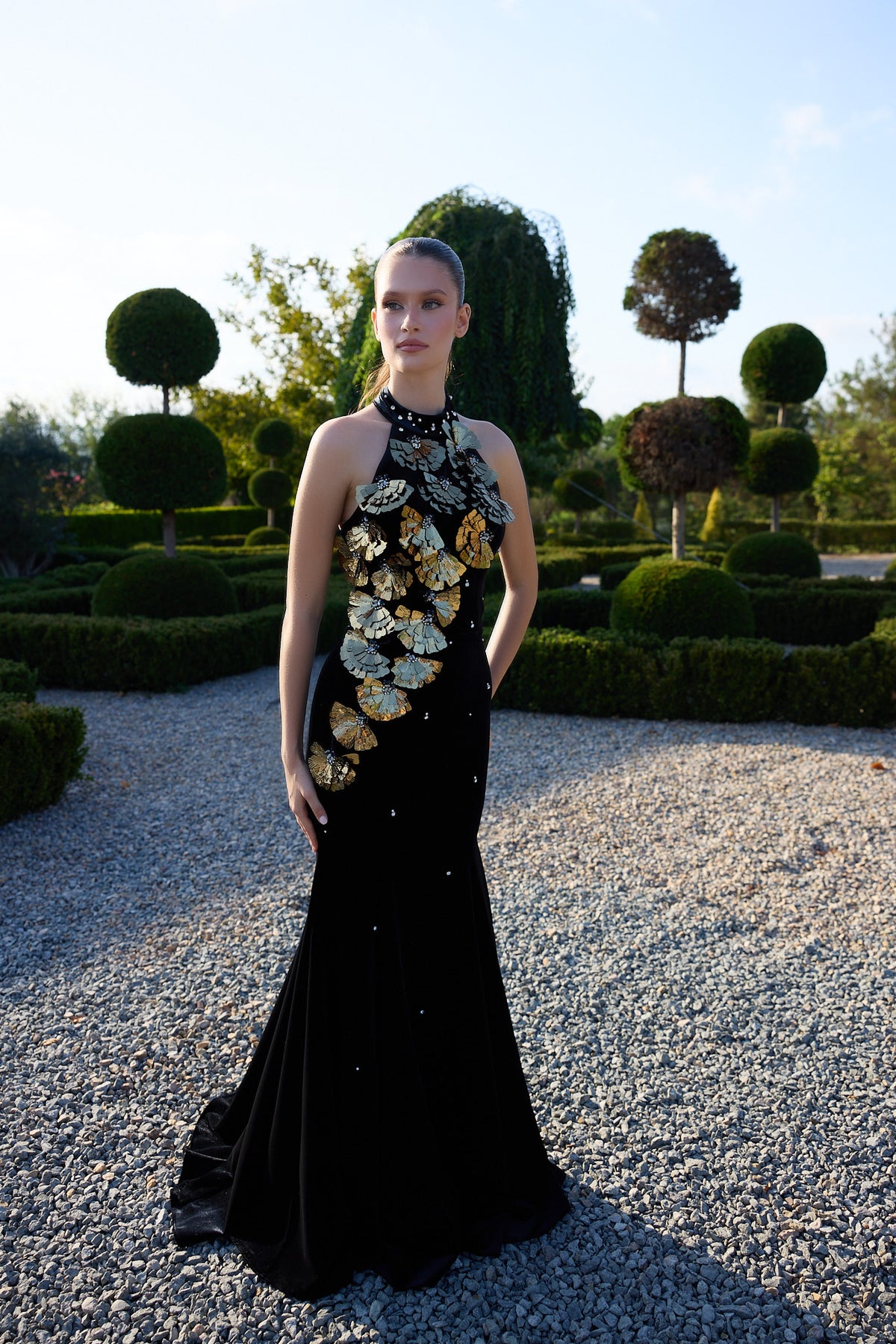 Noctavelle Black Gold Floral Halter Gown