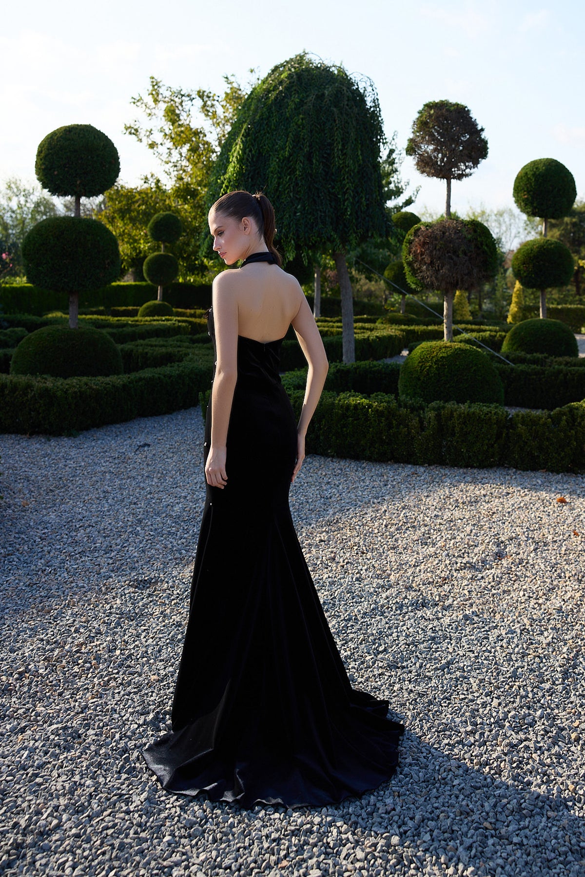 Noctavelle Black Gold Floral Halter Gown