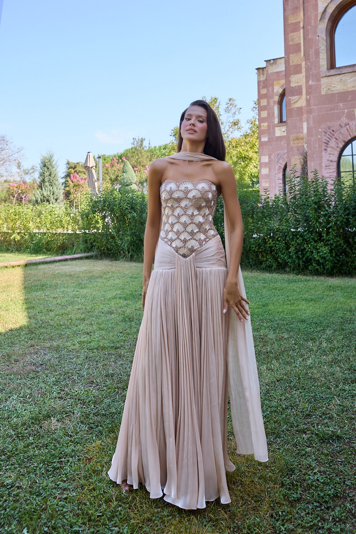 Ondelia Blush Scalloped Bodice Pleated Gown