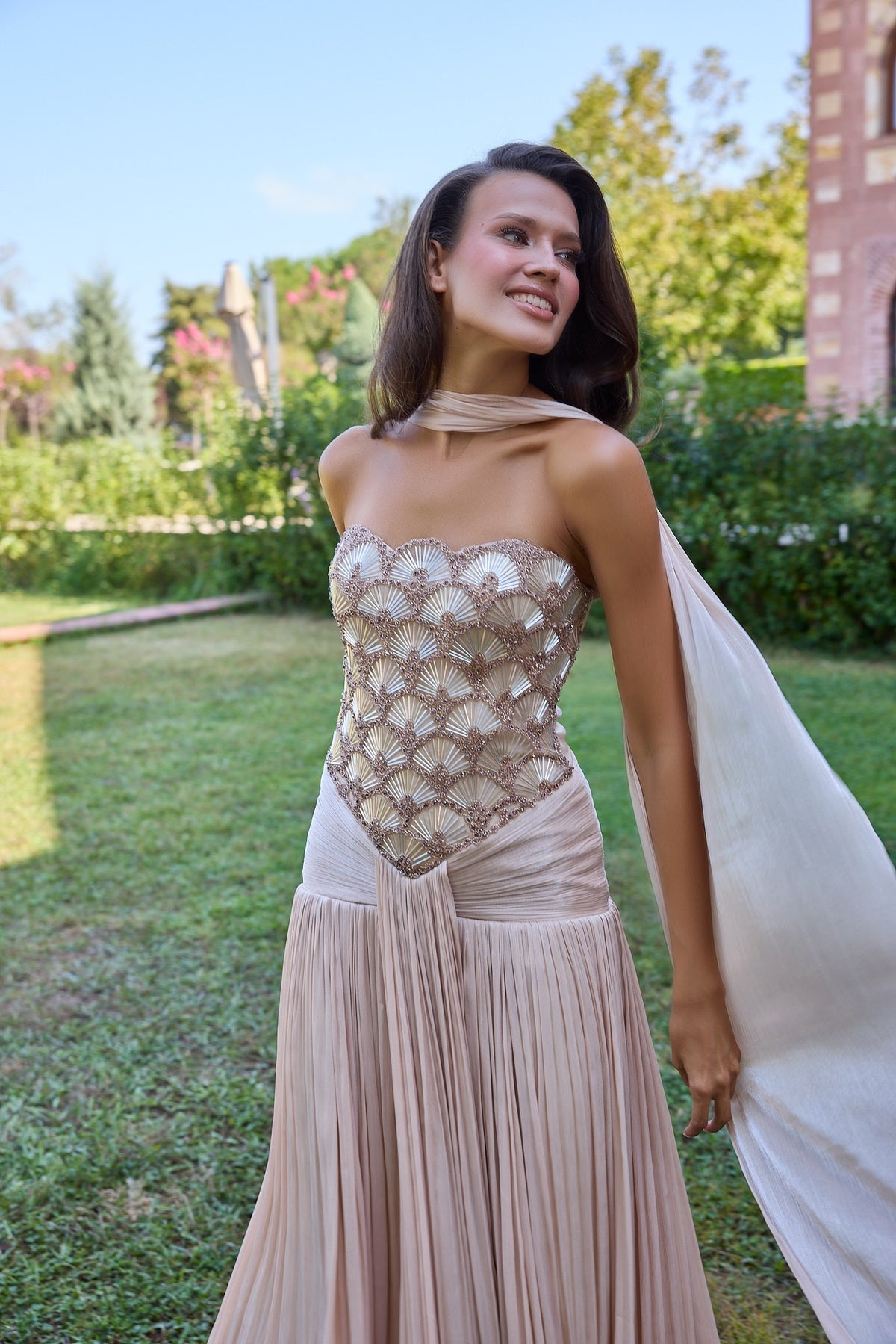 Ondelia Blush Scalloped Bodice Pleated Gown