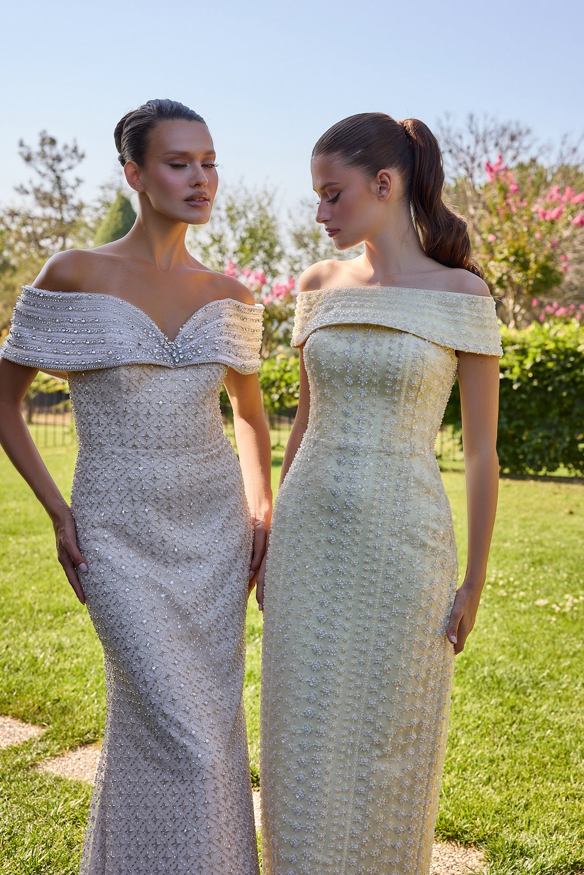 Opalisse Embellished Off-Shoulder Evening Gown