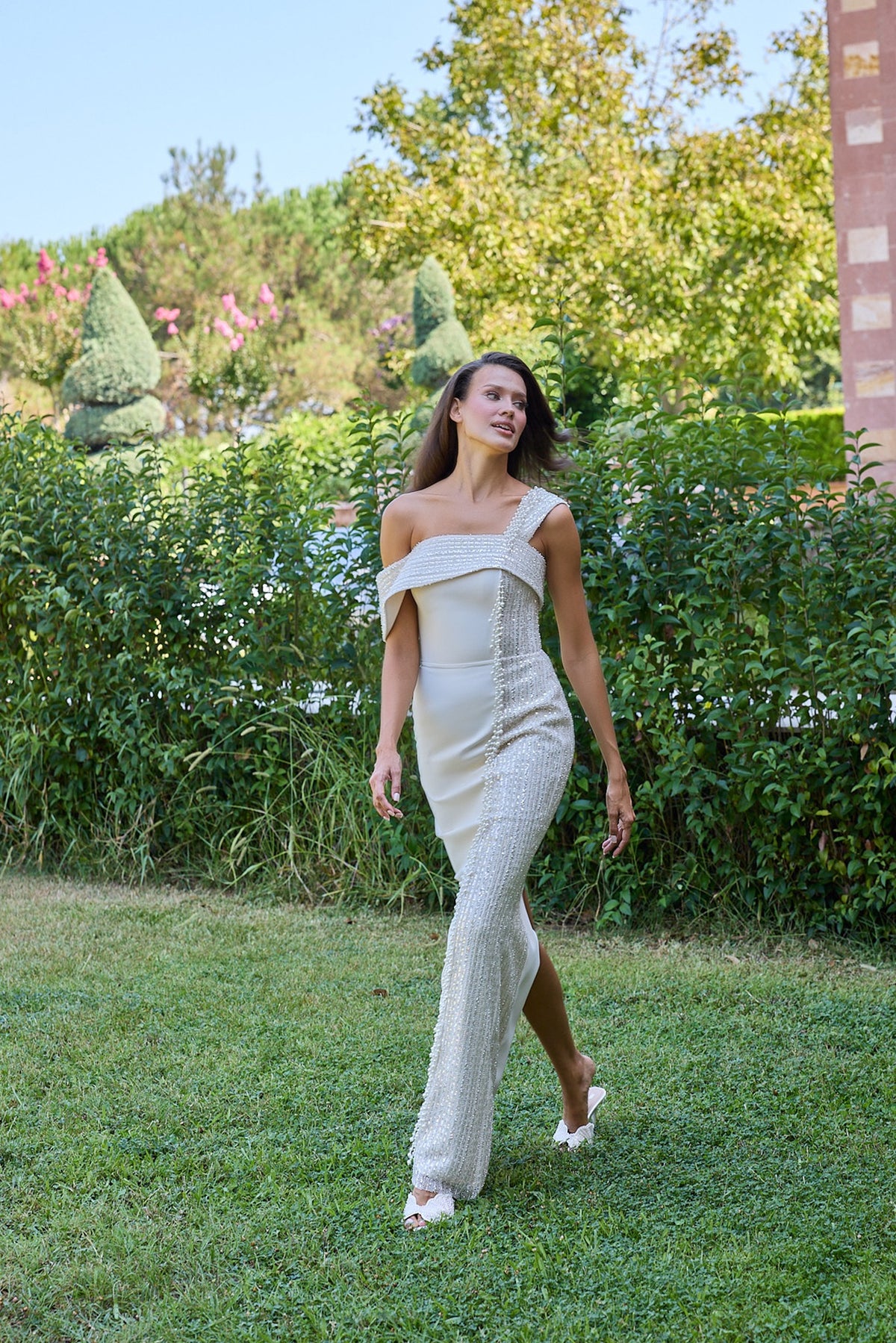 Perline Ivory Asymmetric Beaded Evening Dress