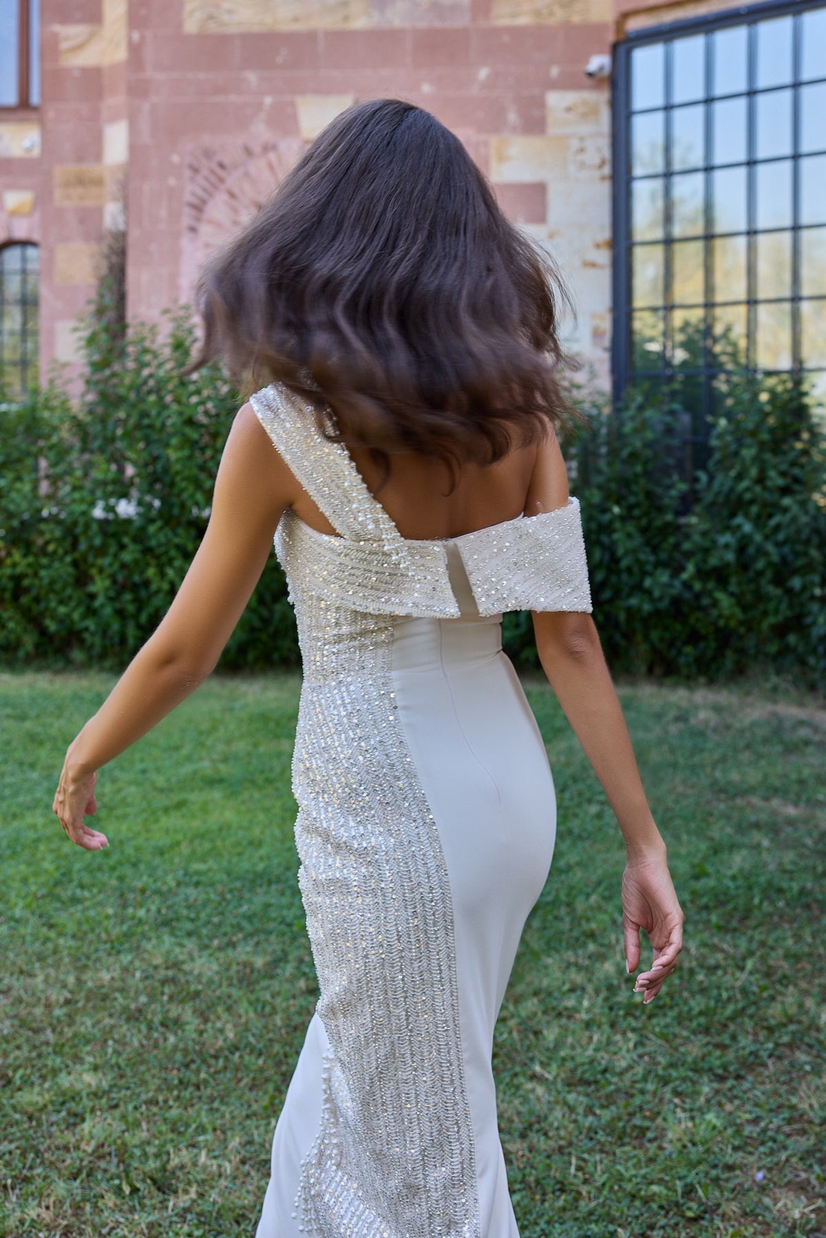 Perline Ivory Asymmetric Beaded Evening Dress