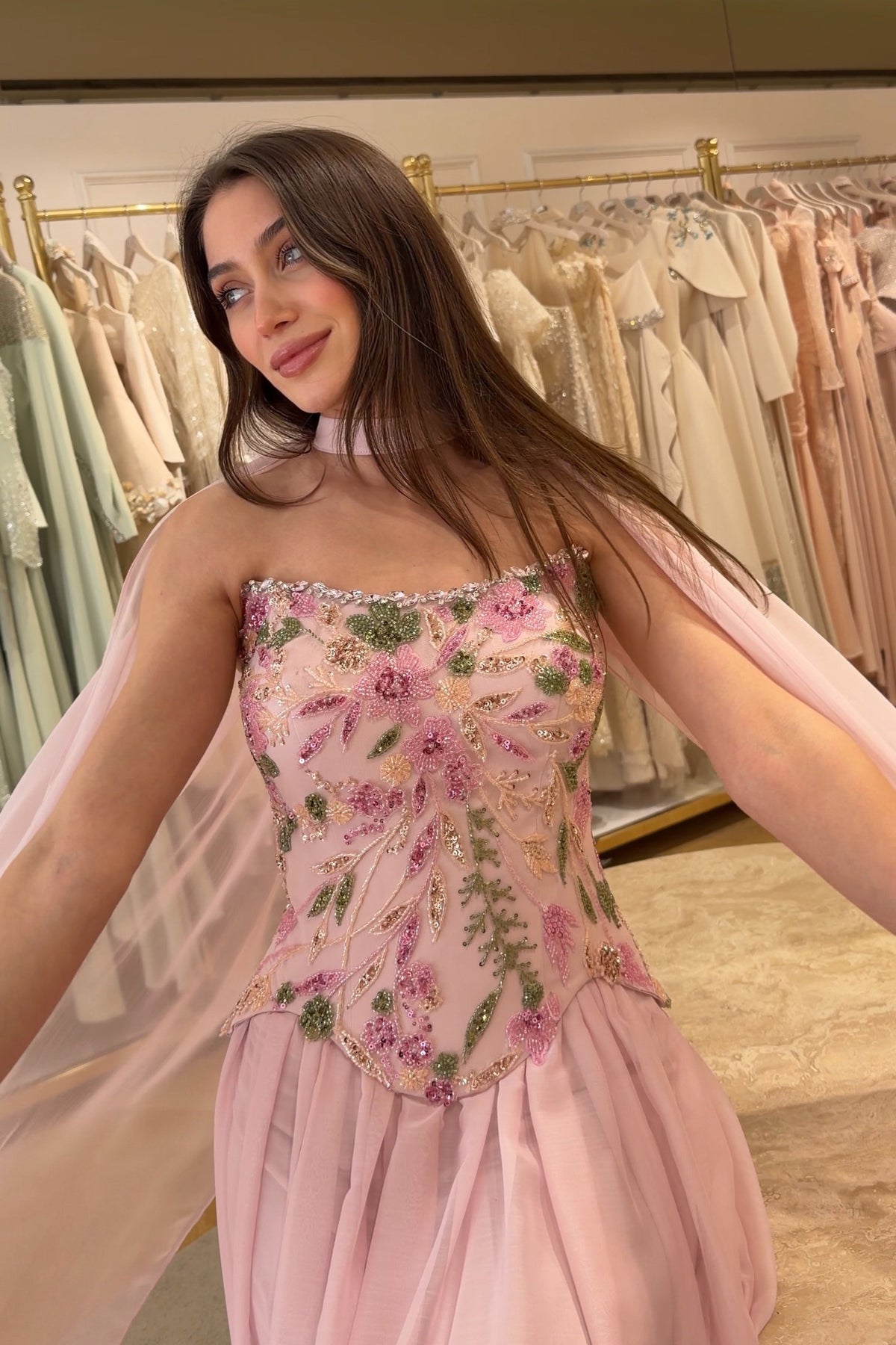 Romantic couture evening dress designed for weddings and gala nights