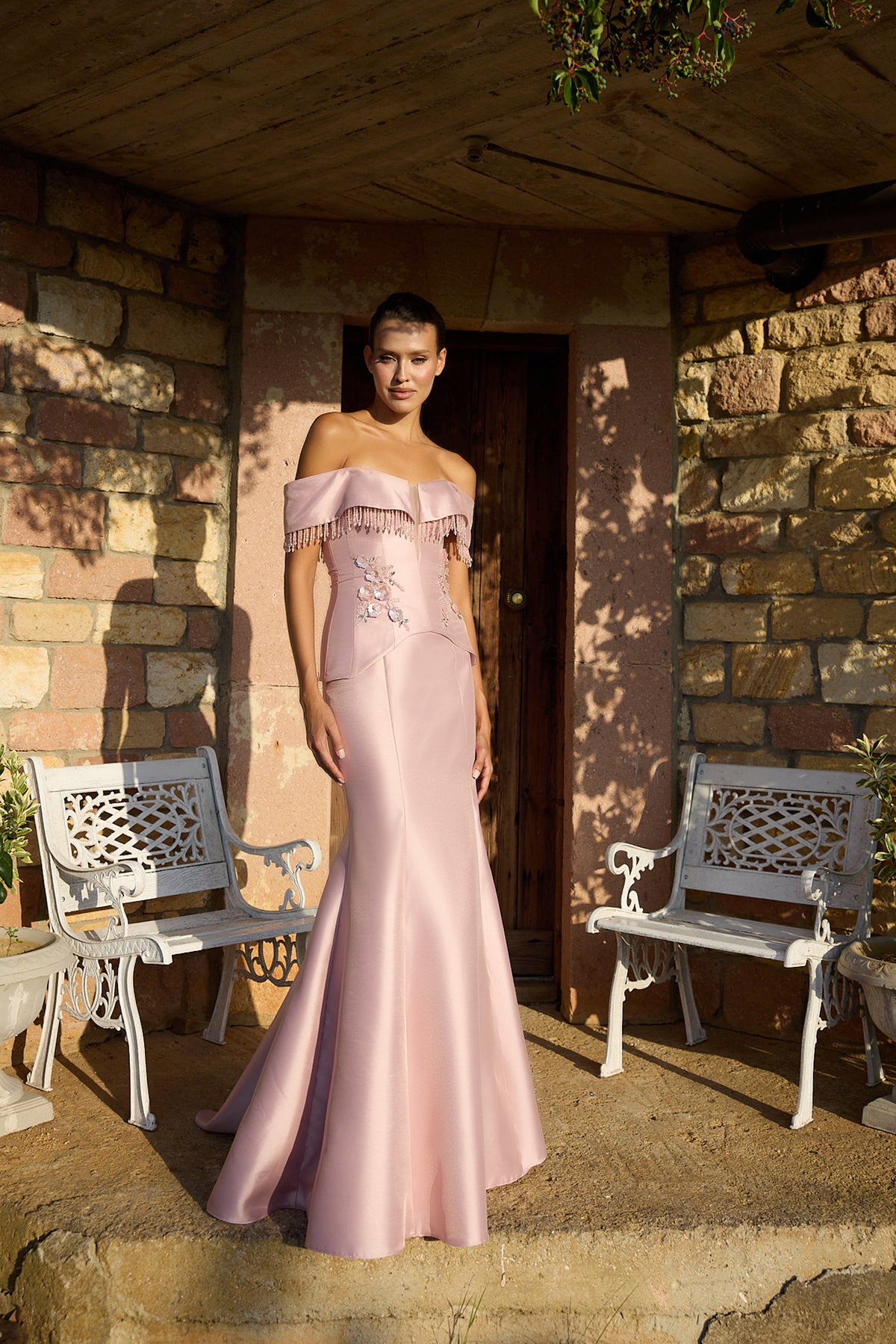 Rosalune Pink Fringe Off-Shoulder Mermaid Gown