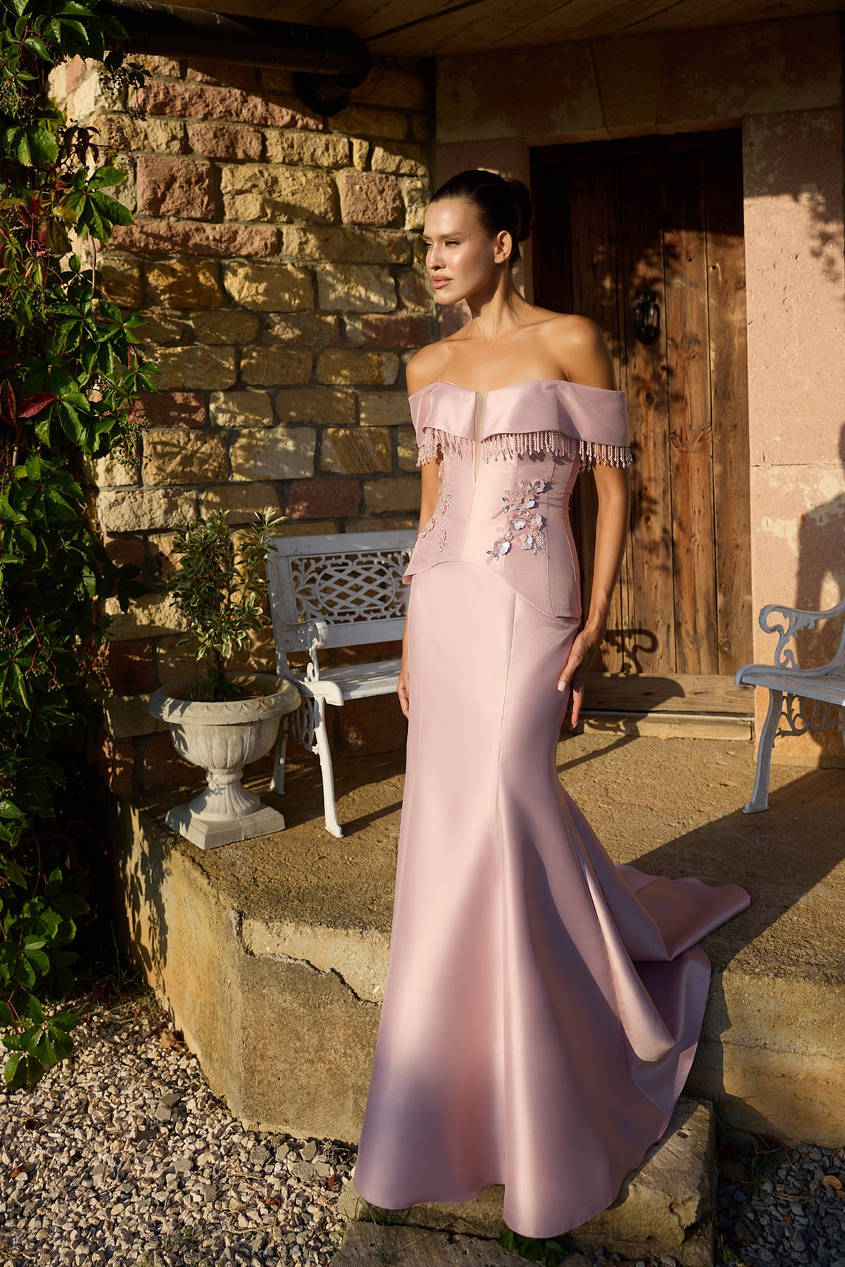 Rosalune Pink Fringe Off-Shoulder Mermaid Gown