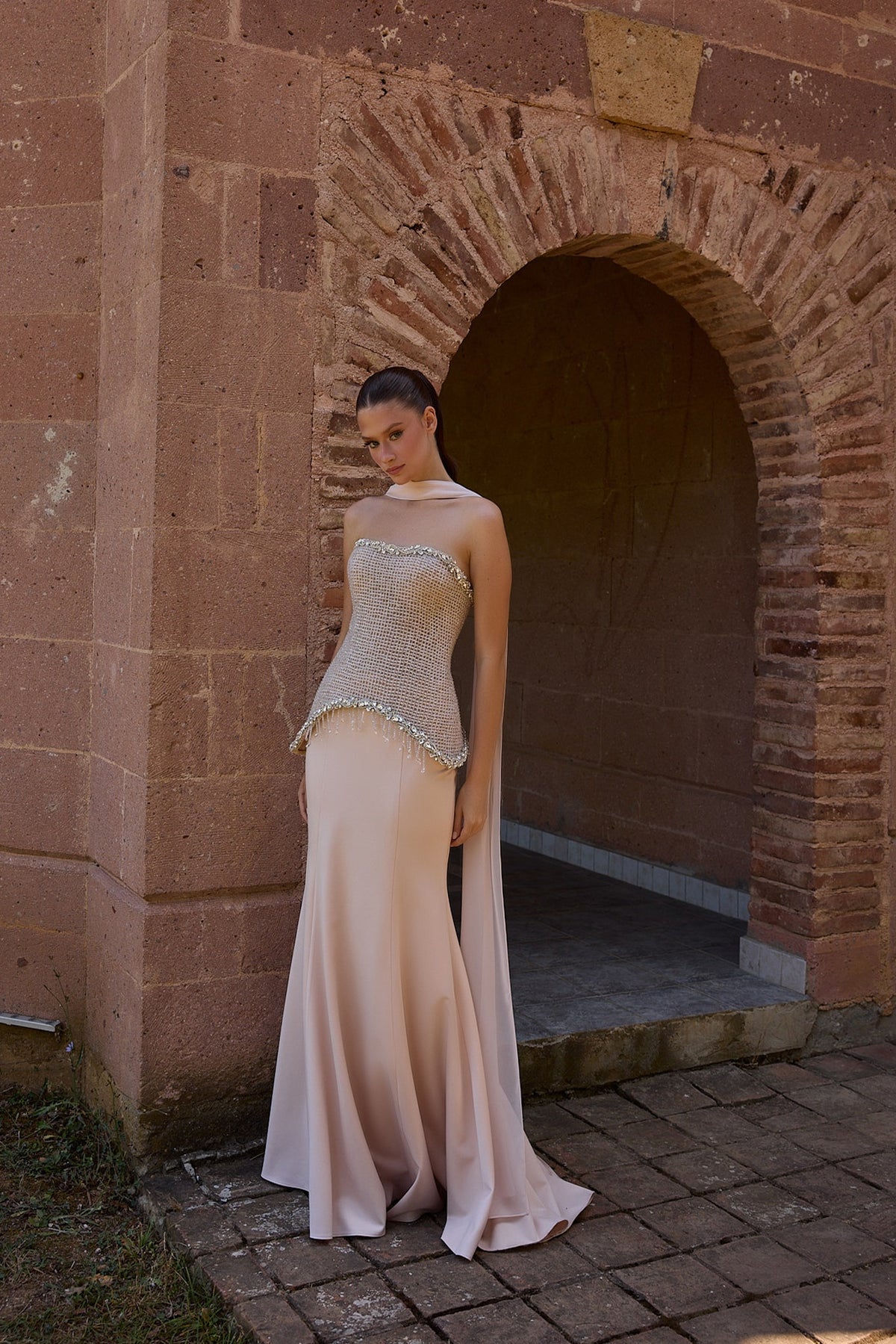 Rosavelle Blush Beaded Corset Evening Gown