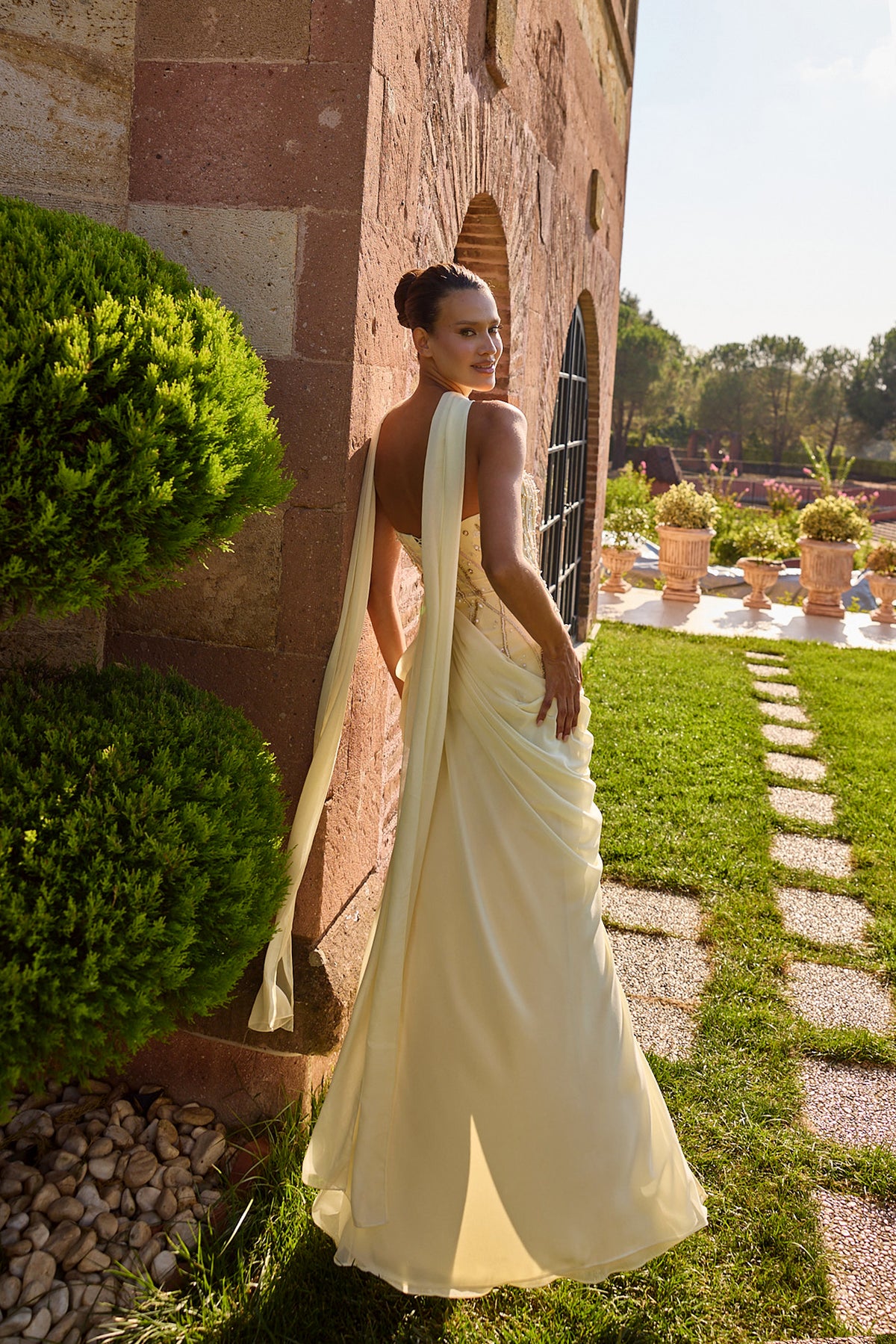 Solivienne Embellished Draped Scarf Gown