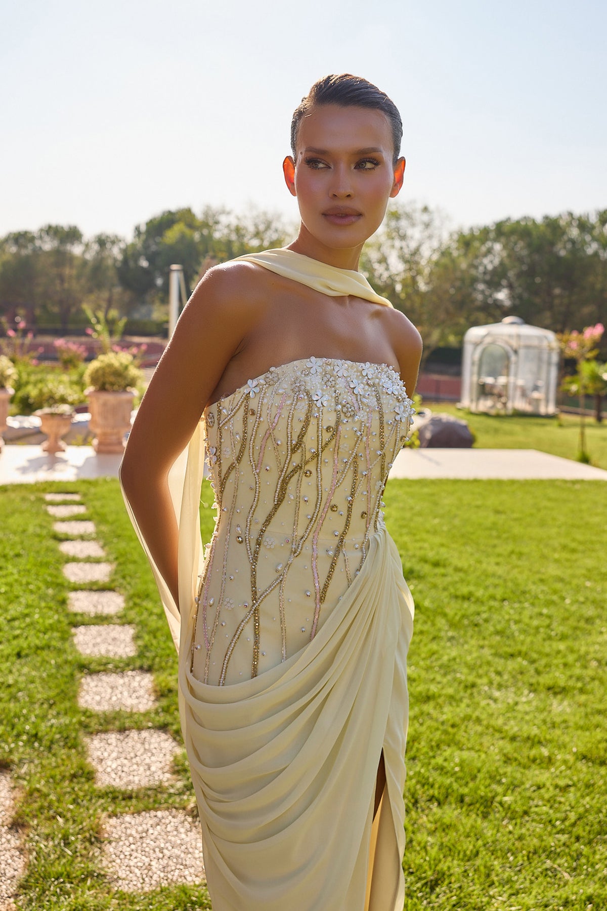 Solivienne Embellished Draped Scarf Gown