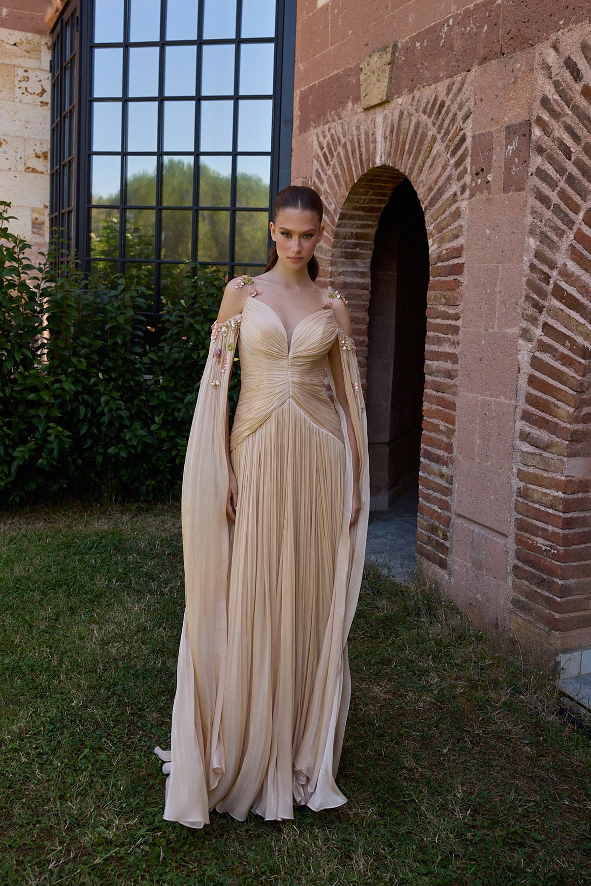 Solmira Champagne Pleated Cape Evening Gown
